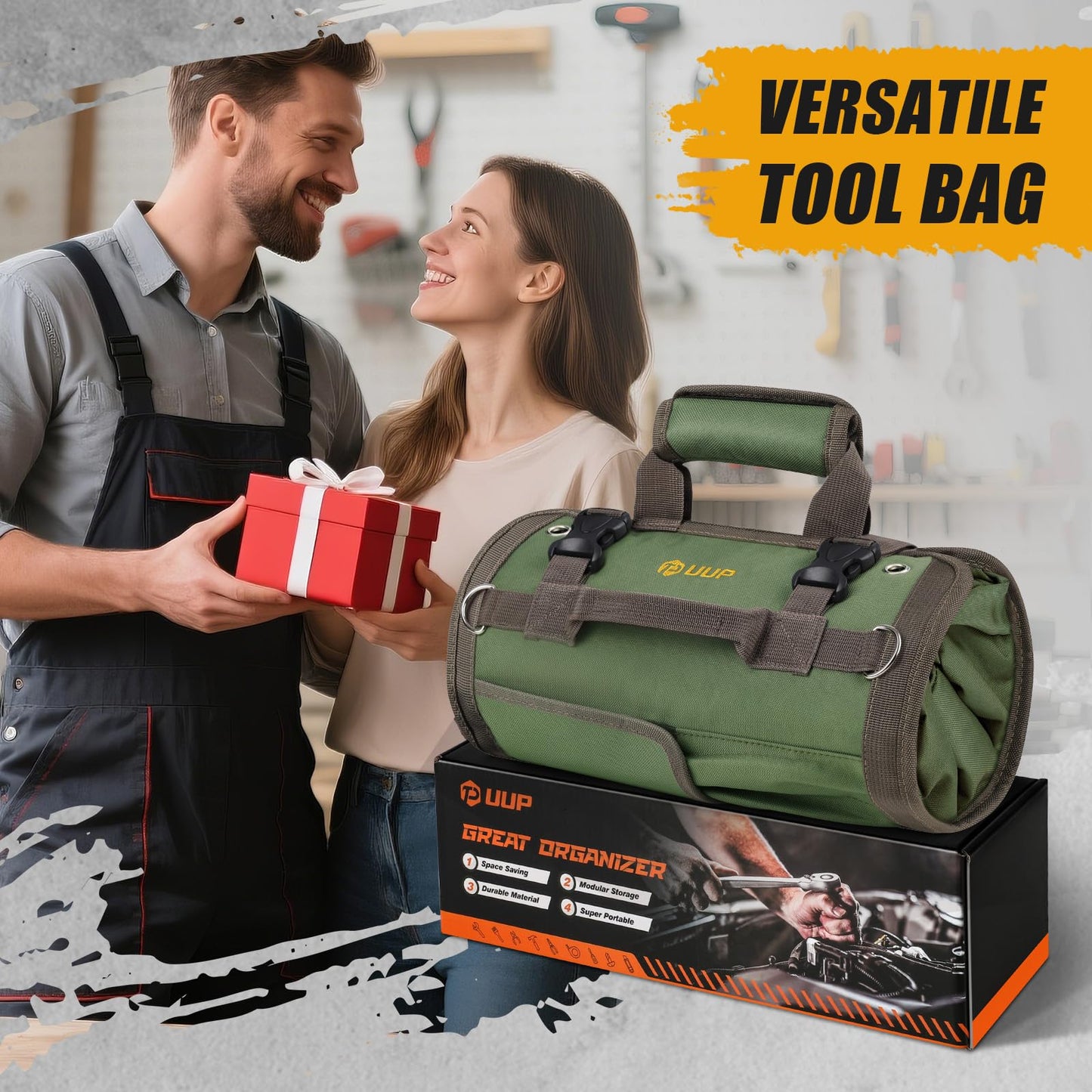 Tool Bag Roll Up, UUP Heavy Duty Portable Soft Tool Storage, Foldable Empty Rollup Organizer with Small Pockets, Official Rollable Toolbag, Father Day Gifts for Him Dad Men Mechanic Welding, Green