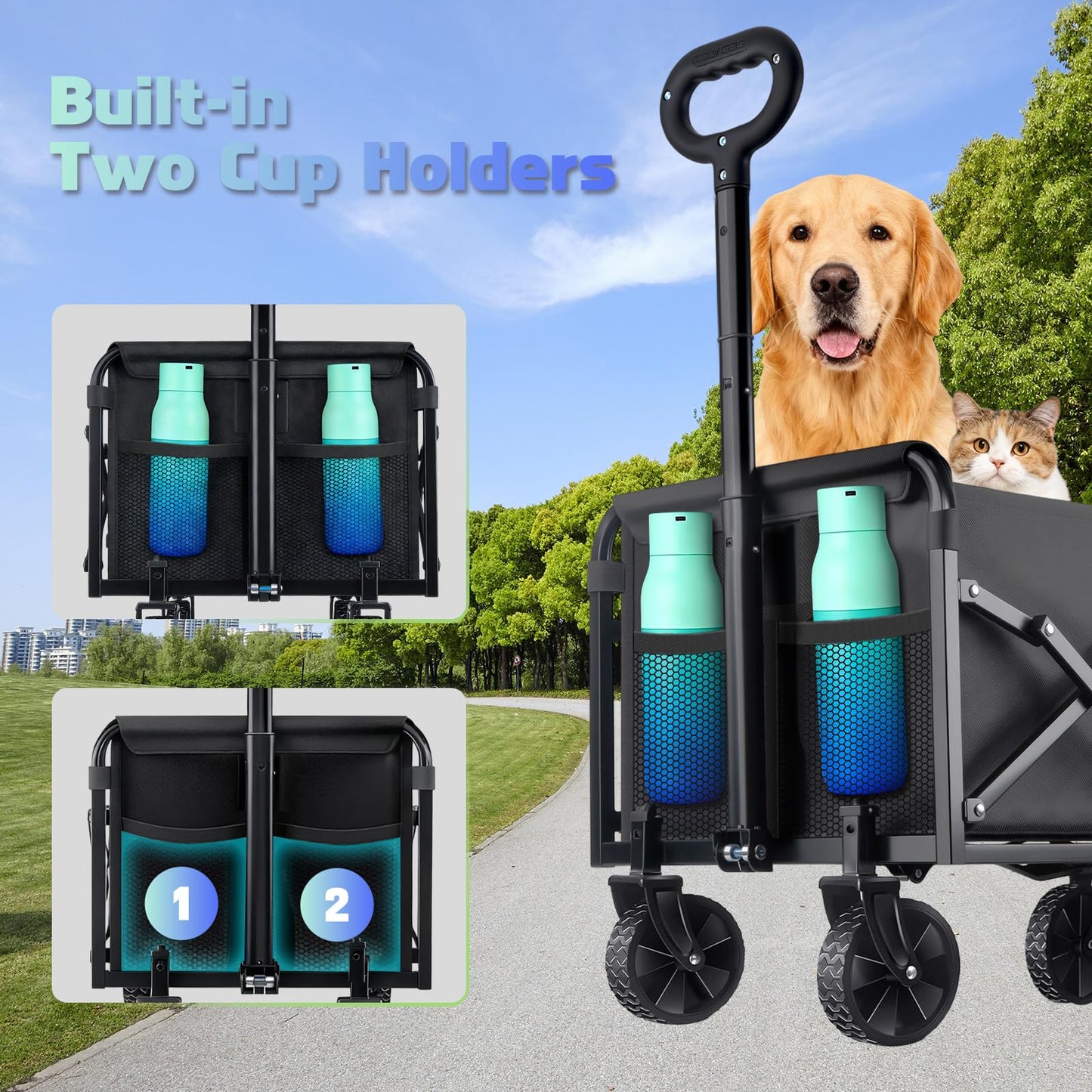 360LBS Collapsible Wagon Cart with Wheels - Heavy Duty Folding Wagon Carts for Grocery, Lightweight Utility Wagon with All-Terrain Wheels & 2 Cup Holders, Portable Beach Wagon for Shopping Garden