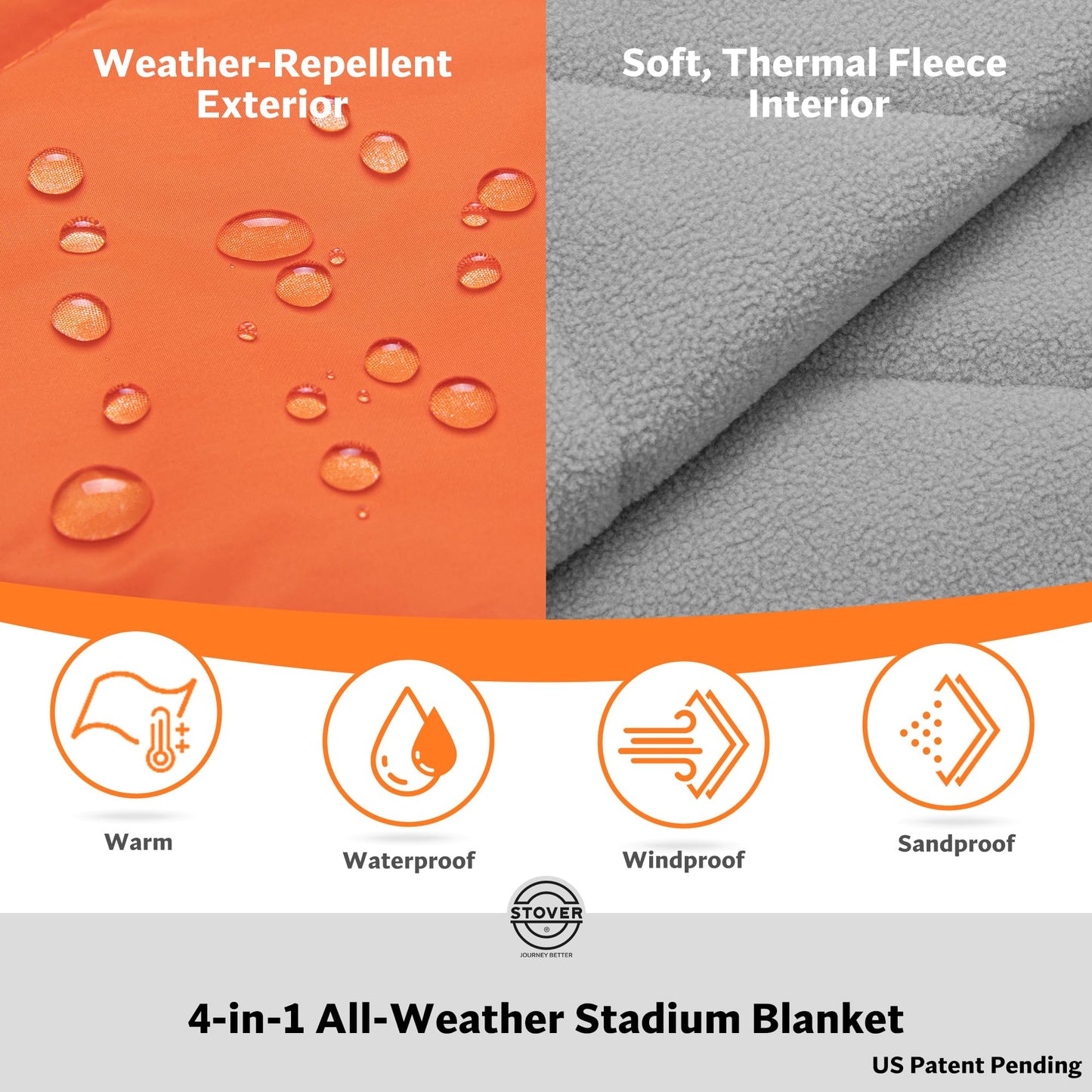 STOVER Large Waterproof Outdoor Stadium Blanket- Extra Thick Soft Fleece Camping Blanket for Travel, Picnics, Sports, Dogs- 79"x55" Warm, Windproof, Sand-proof, Lightweight, Packable (Game Day Orange)