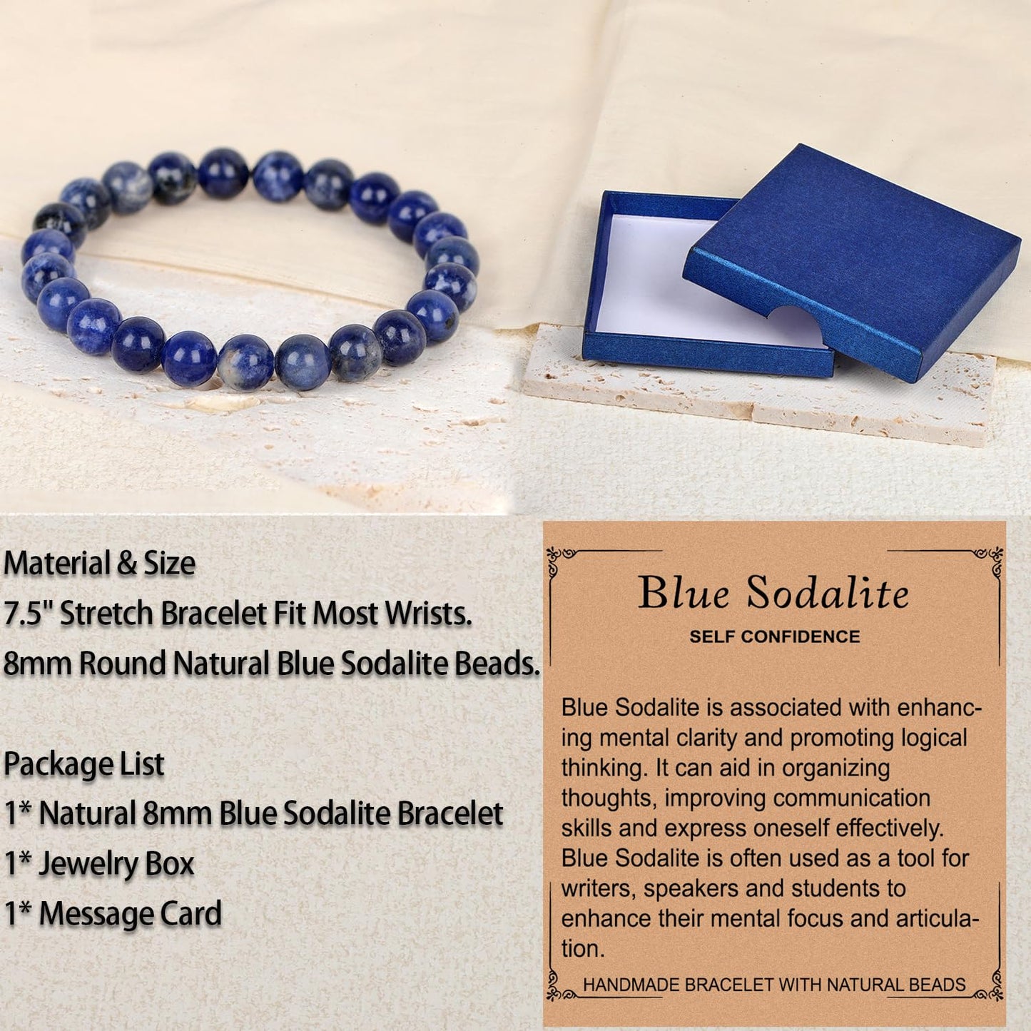 LPBeads Handmade Natural Gemstone Stretch Elastic 8mm Blue Sodalite Bracelet Healing Crystal Round Stone Beads Jewelry Gifts for Women Men