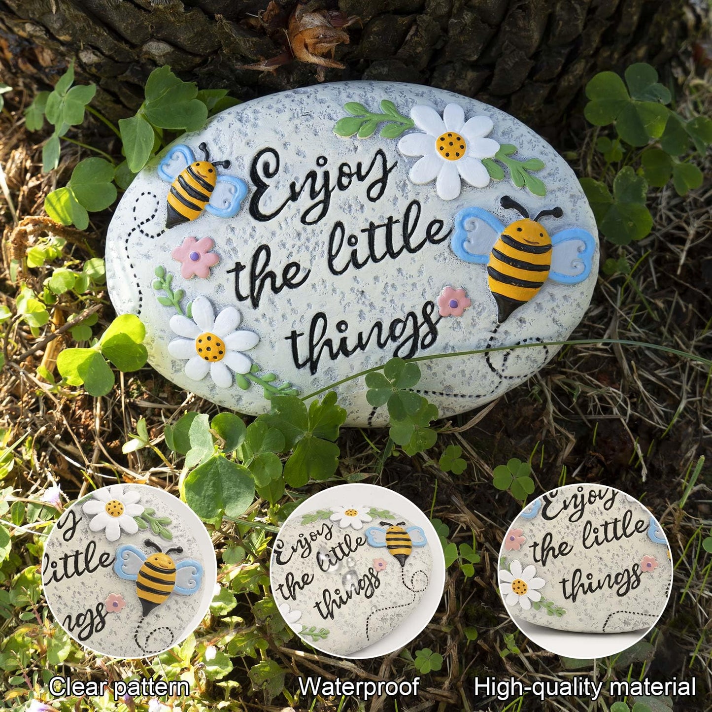 Bechivie Spring Decorative Garden Stones Outdoor, 6x4.1In Enjoy The Little Things Bee Stone with White Flower, Concrete Stepping Stones for Walkway Pathway Yard Outside
