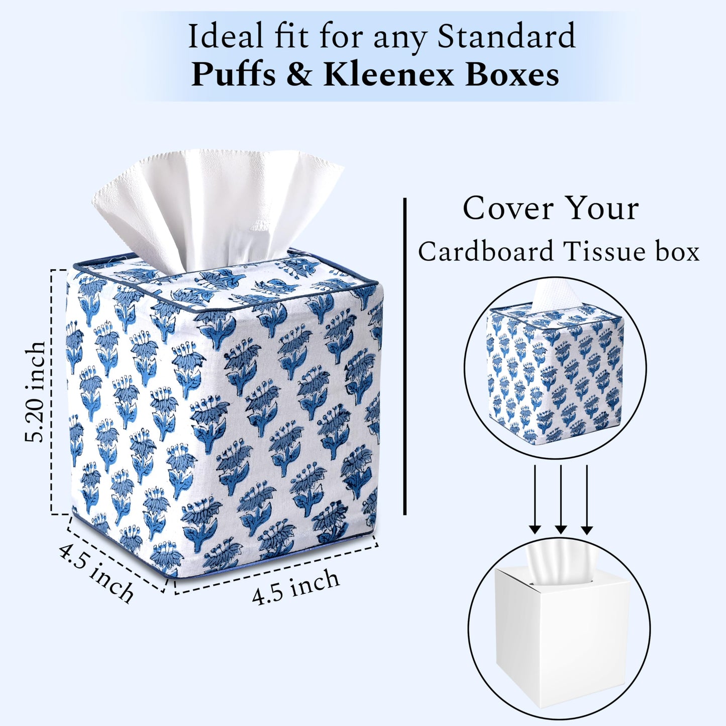 CPC Apatite Blue Hand Block Printed Cotton Tissue Box Cover 5" x 5" x 5.5" Square Soft Reusable Boho Napkin Holder for Home Kitchen Dining Bathroom Office Cafe Spa, Gift for Spring, Mother's Day