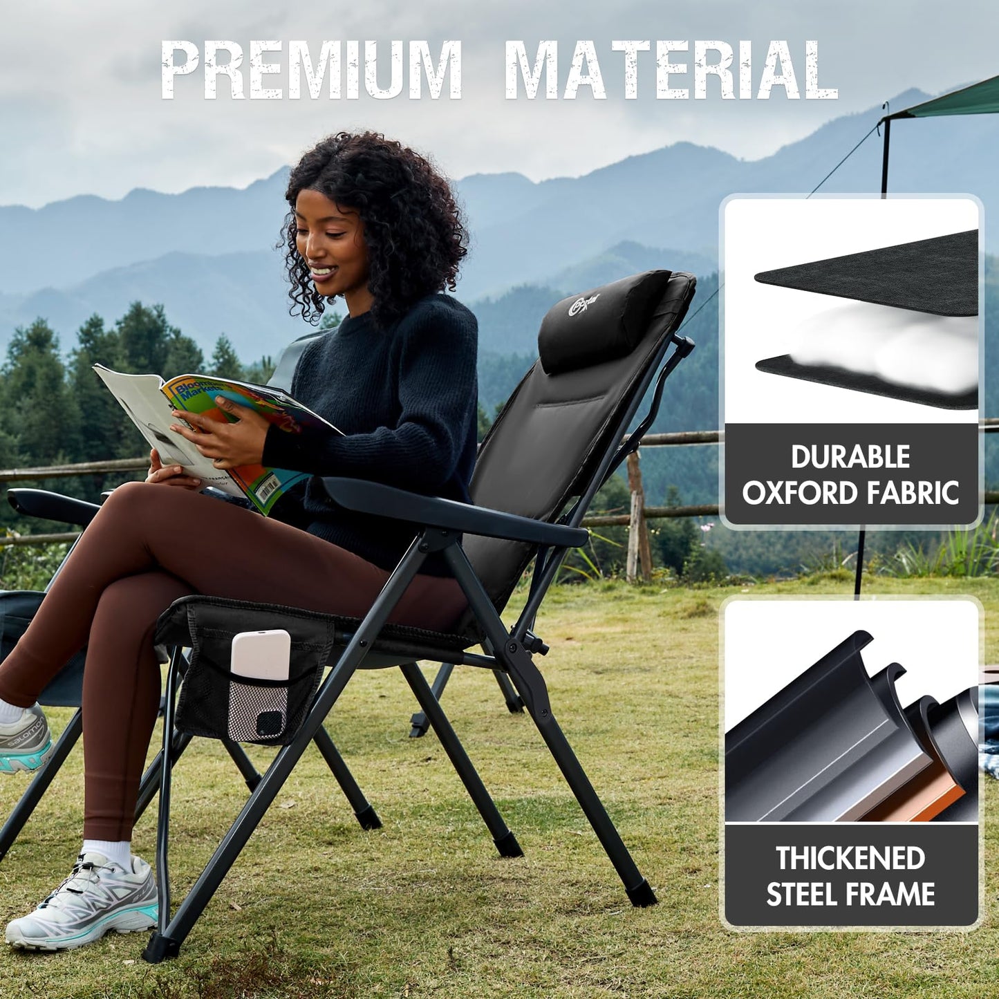Portal Reclining Camping Chair with Adjustable Back Folding Camp Recliner for Adults Portable High Back Oversized, 350LBS (Black)