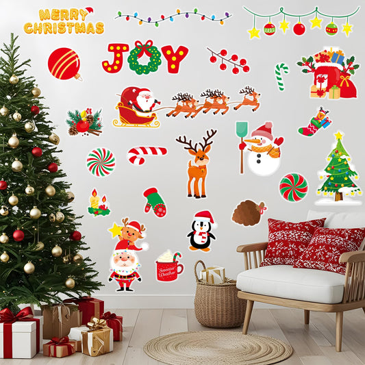 Christmas Wall Decals 124 Pieces Merry Christmas Wall Stickers Santa Snowman Winter Snowflakes Xmas Candy Stickers for Wall Window Door Bedroom Garage Home Office Decor