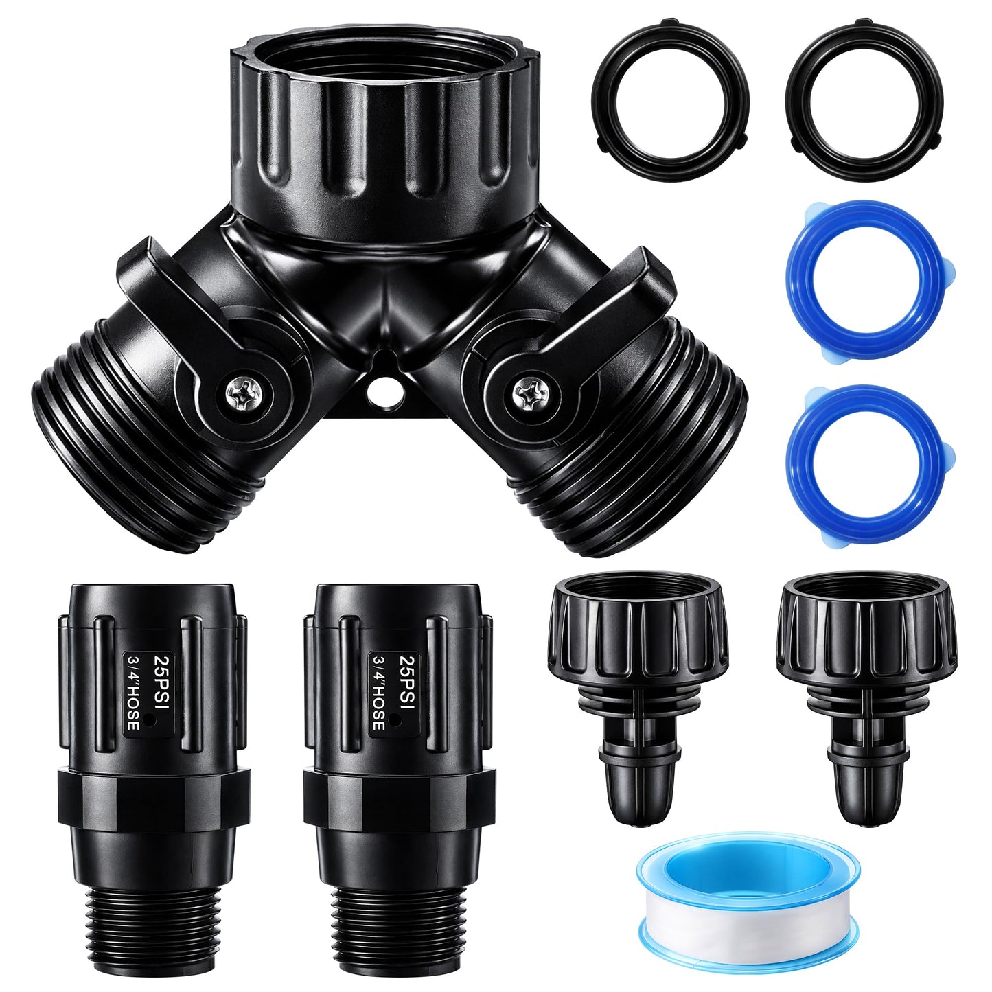 6 Pcs Drip Irrigation Kit, Included 2 Way Y Water Splitter Connector, 2 Pcs 25 PSI Garden Hose Pressure Regulator and 2 Pc 1/4 Inch Irrigation Tubing Hose Adapter for Drip Irrigate System