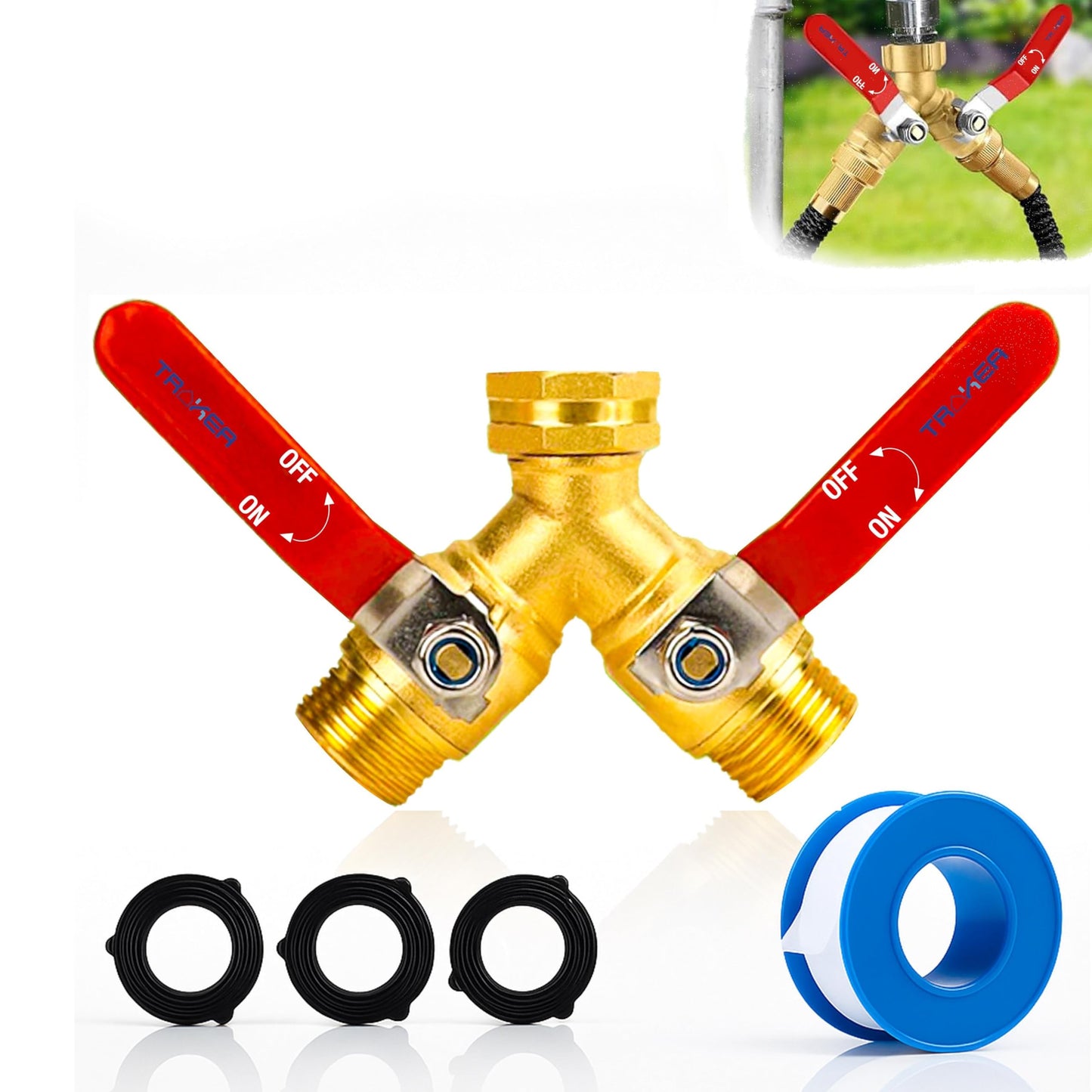 Premium 2 Way Brass Hose Splitter 3/4" Heavy Duty Leakproof Y Valve Garden Faucet Spigot Splitter Easy Long Handles With Extra Fittings and Teflon