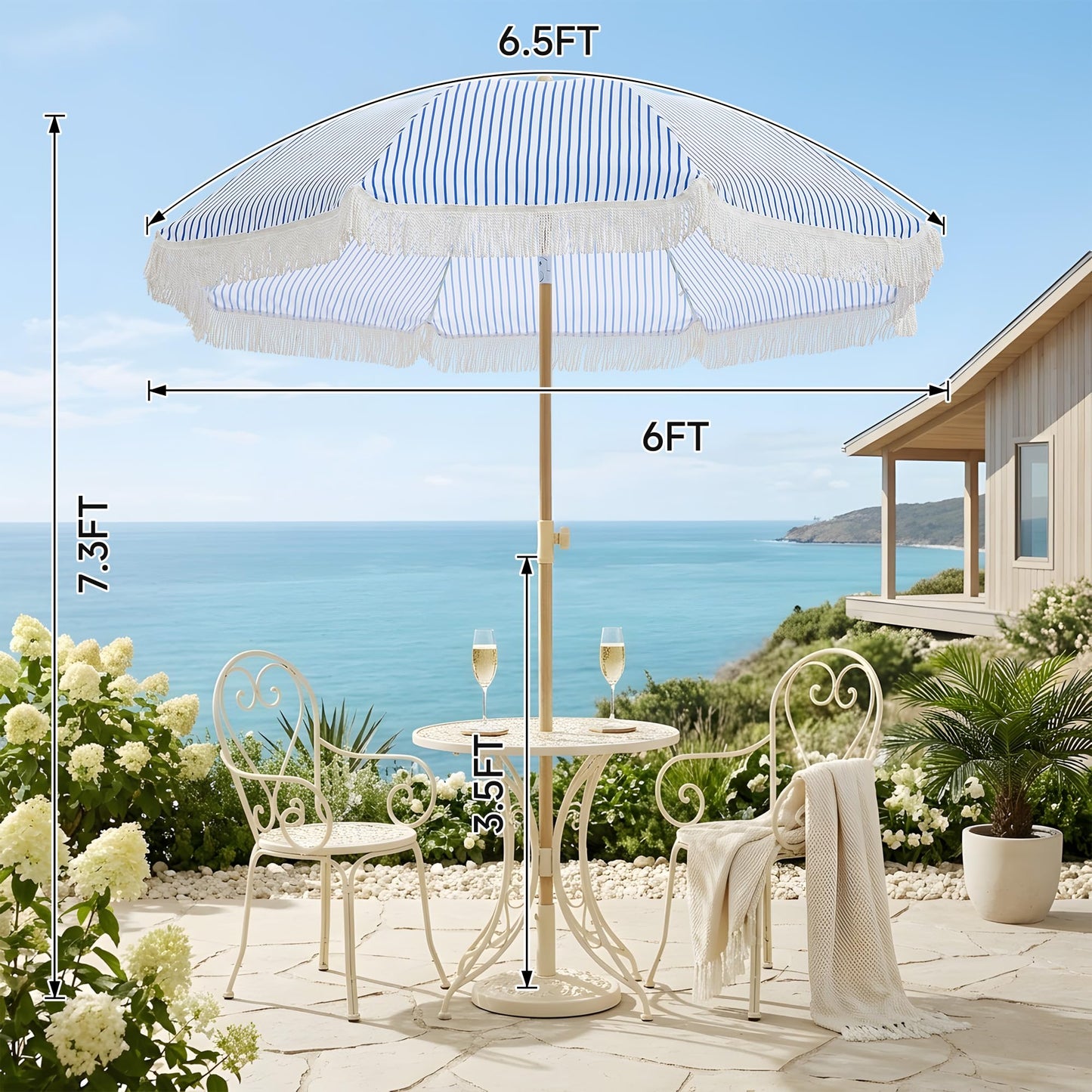 Kbrellaoutlets Patio Umbrella with UPF 50+ Protection, 8 Ribs, Push Button Tilt - Versatile Outdoor Shade for Garden, Courtyard, and Beach (Blue Pinstripe)