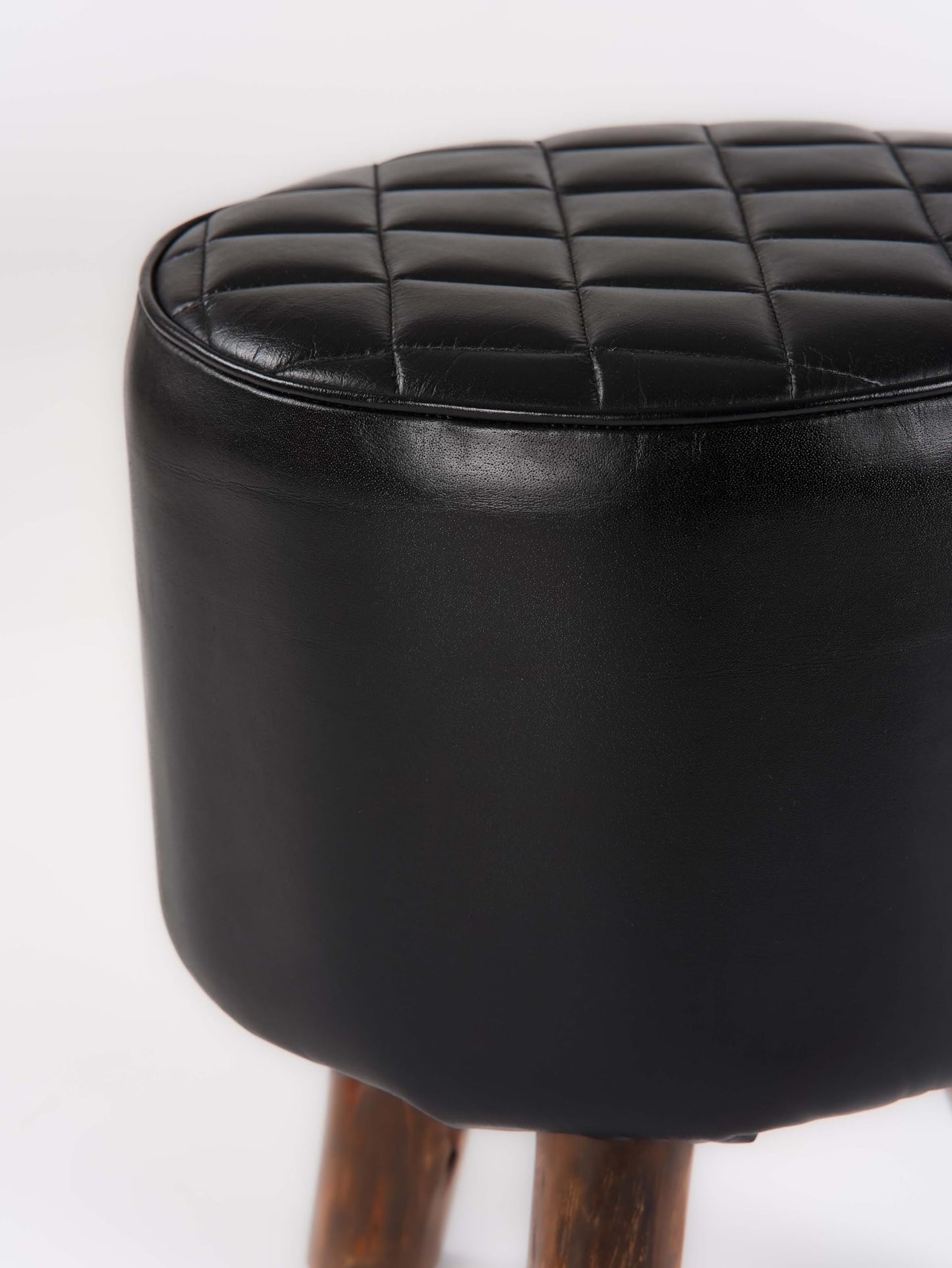 Handmade Eco-Friendly Geometric Buffalo Leather & Wood Black Round Ottomon Stool 18"X14"x14" from BBH Homes