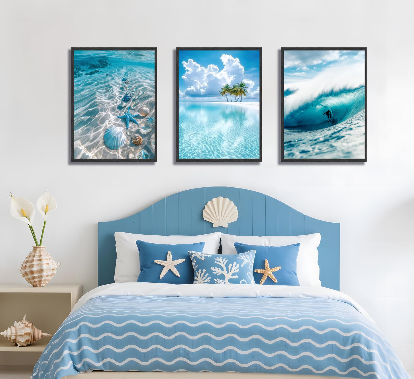 3pcs Blue Ocean Wall Art Featuring Starfish Seashells Waves and Palm Trees Summer Beach-Themed Canvas Paintings Prints Modern Coastal Style Posters Wall Decor suitable for Bathroom living room Decoration (Unframed)