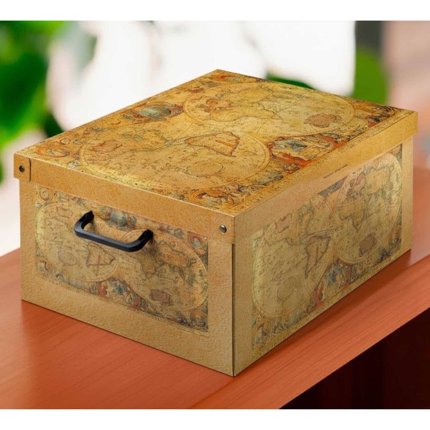 Lavatelli: Storage Box: Medium - Map - Lid & Side Handles, Decorative Cardboard Organizer, Stacks-Folds, Home-Clothes-Toys-Office, 16.5 x 12.6 x 8.3