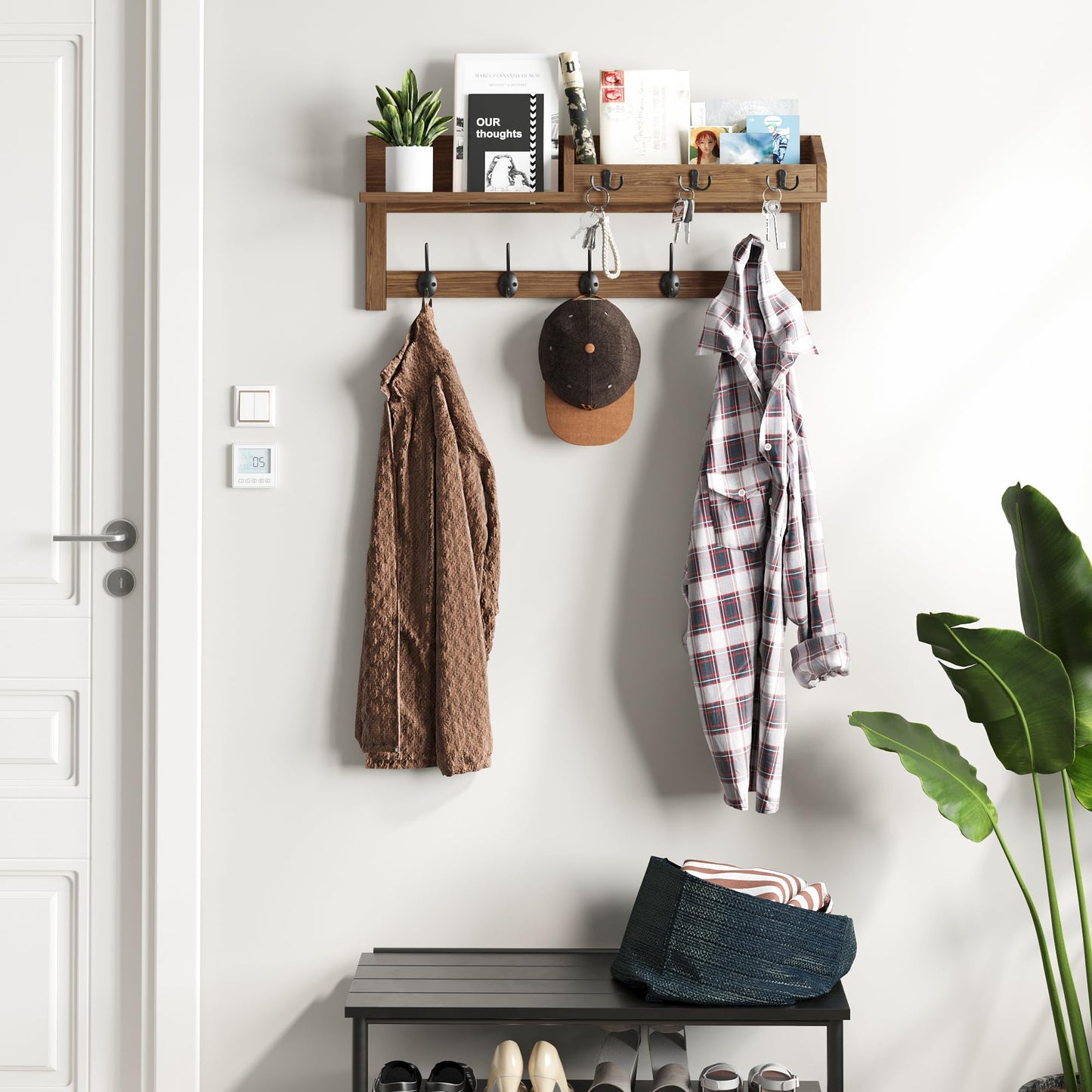 AMBIRD Wall Hooks with Shelf, 26.57 Inch Entryway Wood Coat Hooks for Wall with Shelf, Coat Rack Wall Mount with 5 Dual Hooks 3 Key Hooks Mail Organizer and Key Rack Holder (Brown)