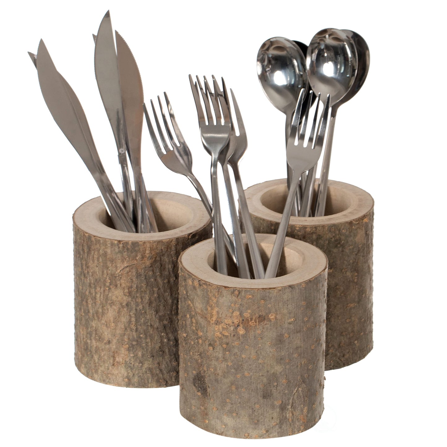 Vintiquewise Set of 3 Rustic Wooden Utensil Holders, Handcrafted Wood Kitchen Organizer for Flatware, Spatula, Cooking Utensils, Countertop Crock