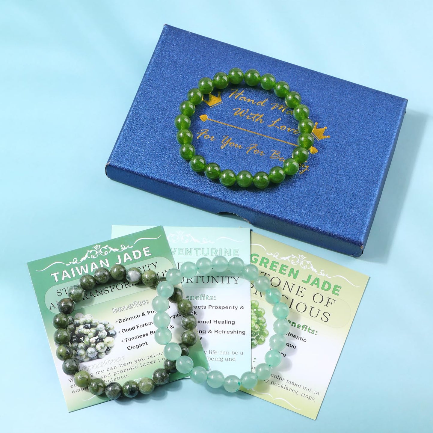 NCB 3-Piece 8mm Natural Crystal Gemstone Stretch Bracelets – ﻿Green Jade, Green Aventurine, Taiwan Jade Handmade Reiki Energy Healing Jewelry for Meditation,Yoga, Unisex