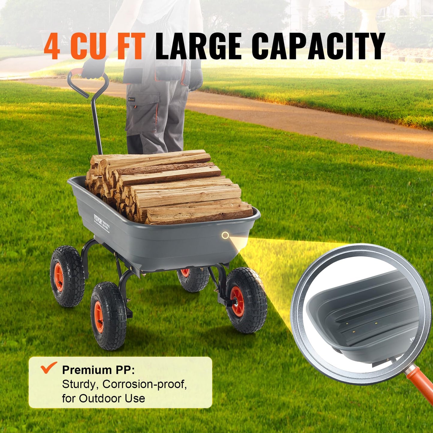 VEVOR 4 Cu.Ft. 600lbs Poly Garden Dump Cart, Heavy Duty 4 Wheel Wheelbarrow Yard Cart Dump Wagon with 10in All Terrain Wheels, Steel Frame and Quick Release System