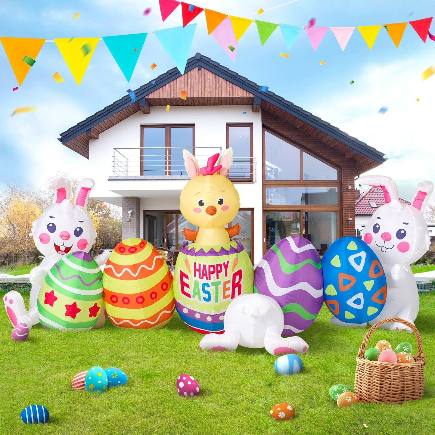 Shappy 7.2 ft Long Easter Inflatable Bunny Outdoor Decorations with Egg Chick Lighted Easter Bunny Blow up Yard Decorations, Built-in LED Lights for Outdoor Holiday Yard Garden Lawn Party