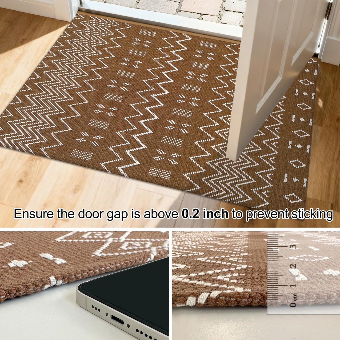 winolive Indoor Door Mat 2x3 Washable Rug,Braided Area Rug,Front Door Mat with Non Slip Rubber Backed,Cotton Doormat for Front Entryway Bathroom Kitchen Bedroom,Brown/White