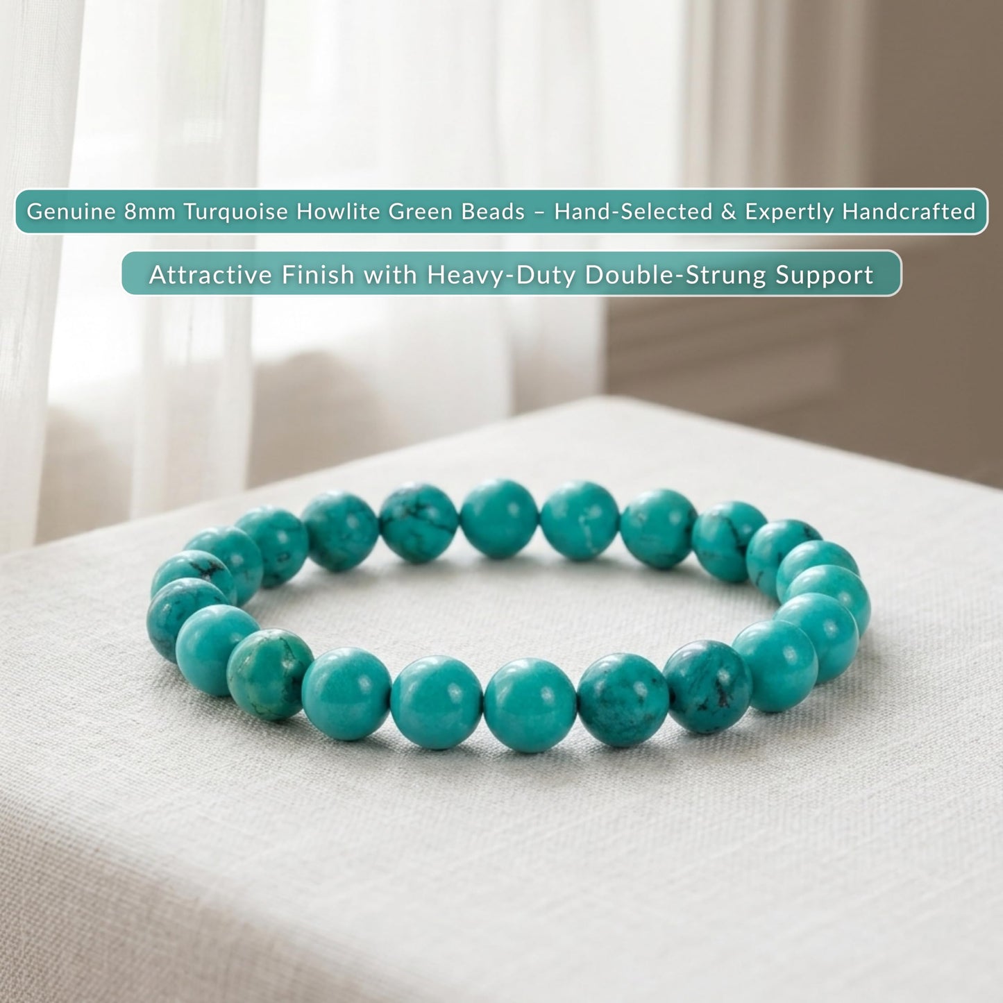 Cherry Tree Collection Turquoise Howlite Green Beaded Bracelet – Genuine 8mm Gemstone Stretch Bracelet for Men & Women – Handmade Crystal Bracelet - (Turquoise Howlite Green - M)