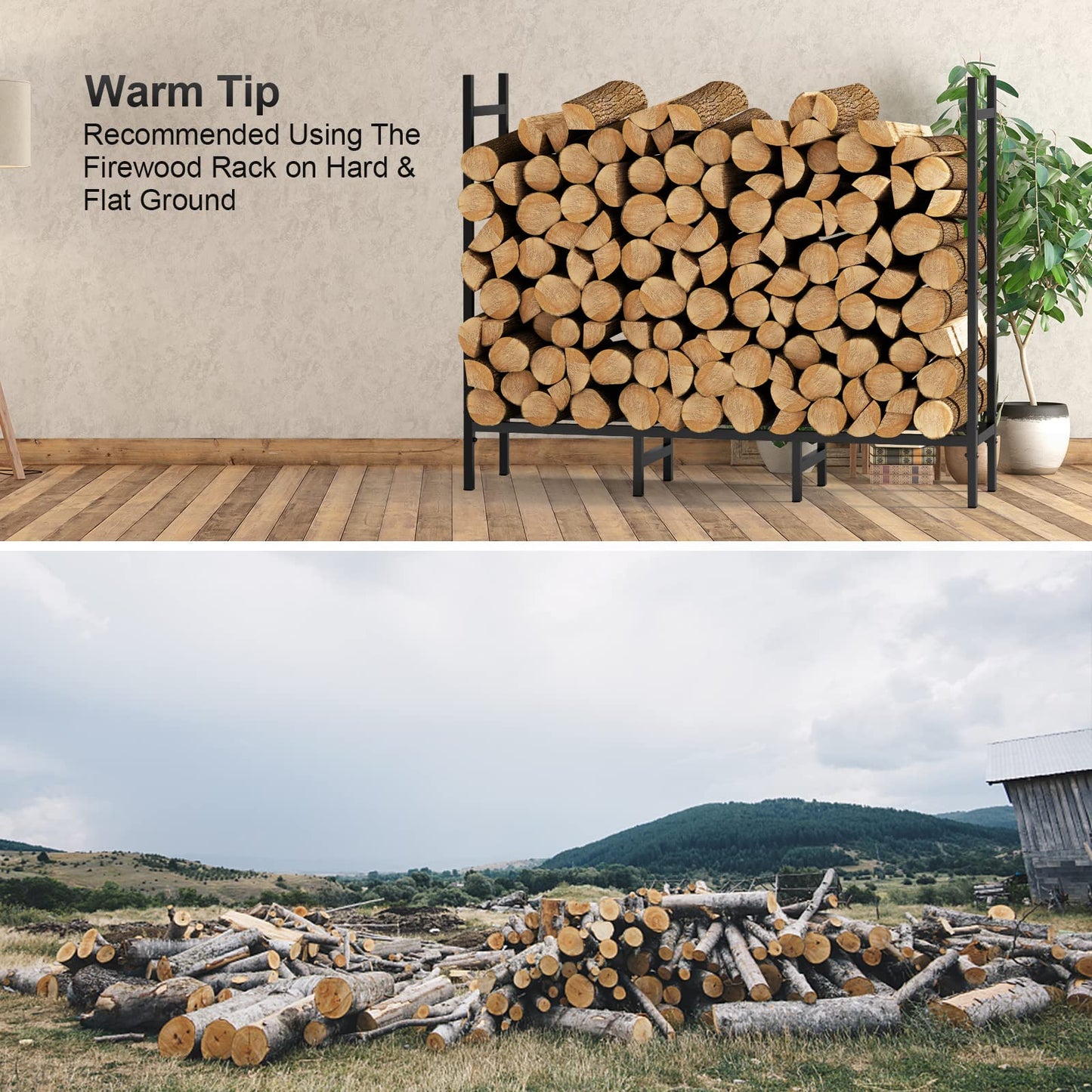 4FT Firewood Rack Indoor Outdoor, Heavy Duty Log Holder Stand for Fireplace, Adjustable Wood Storage Organizer with Weather-Resistant Tubular Steel, Cradle for Kindling & Stacking Logs
