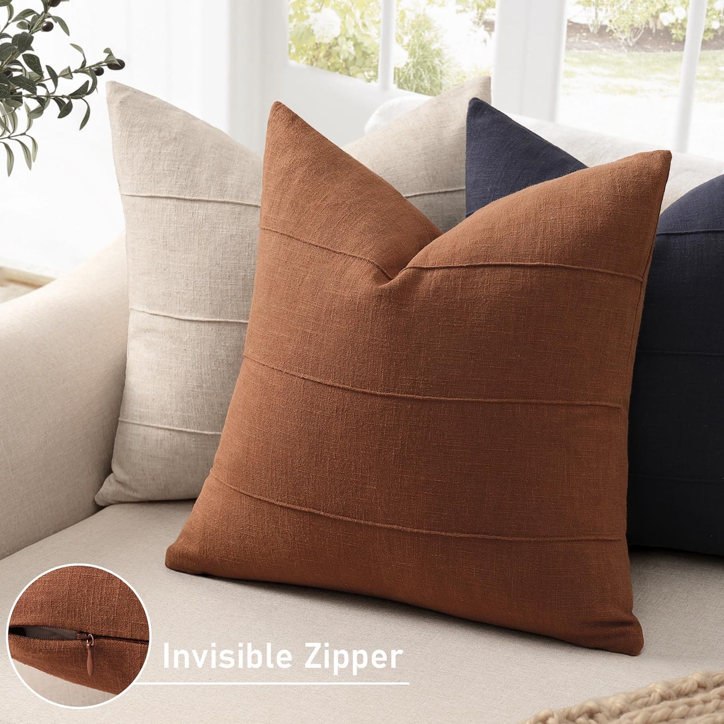 Decorative Linen Throw Fall Pillow Covers 18x18 Set of 2 Solid handcrafted Striped Cushion Covers for Bed Soft Modern Farmhouse Neutral Pillowcase for Couch Bedroom Living Room Home Fall Decor(Rust)