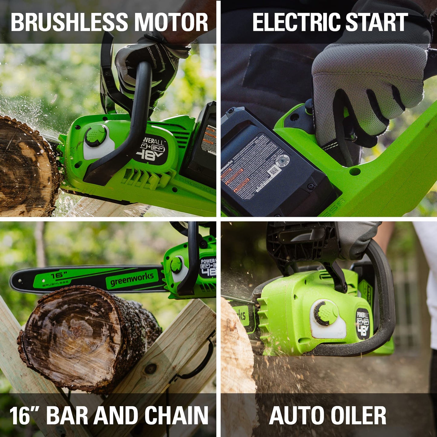 Greenworks 48V (24V x 2 ) 16" Brushless Cordless Chainsaw (Great For Tree Felling, Limbing, Pruning, and Firewood / 200+ Compatible Tools), (2) 4.0Ah Batteries and Dual Port Rapid Charger Included