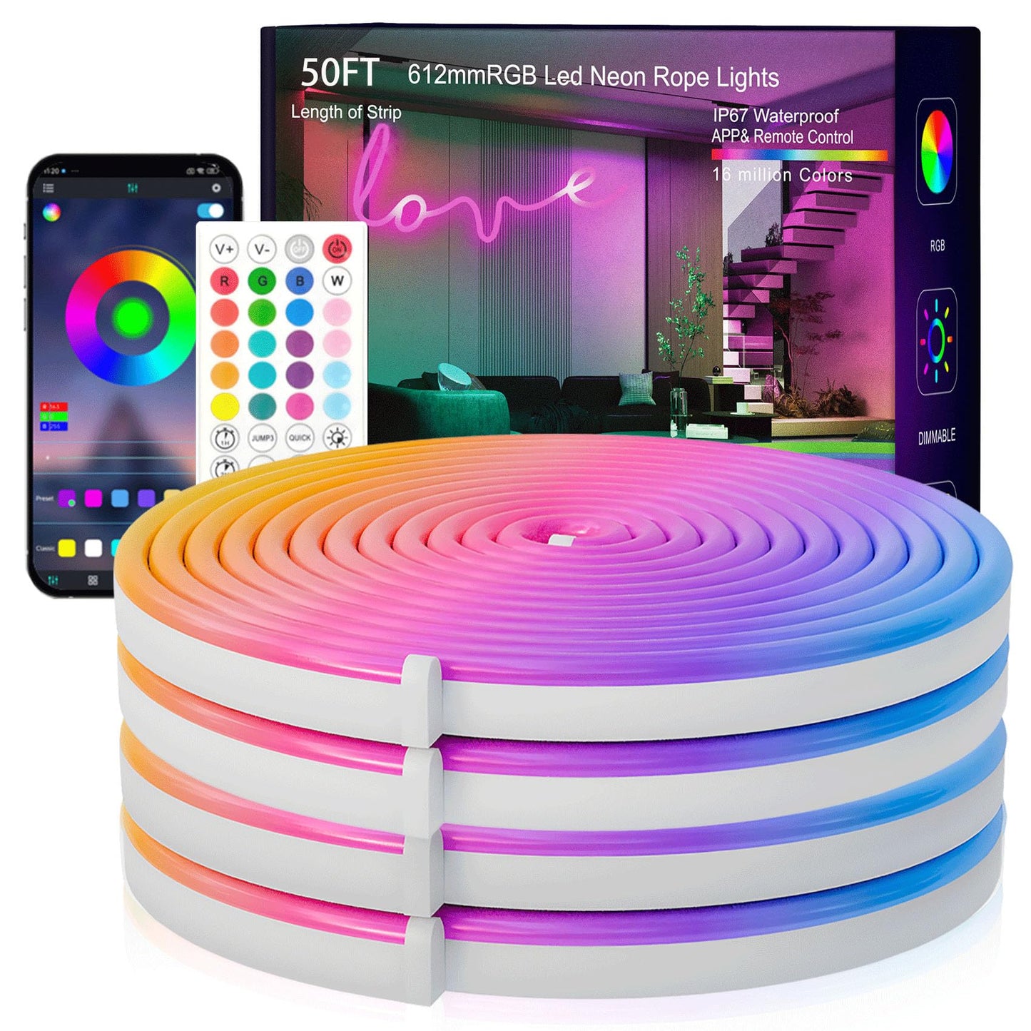 SILFU Neon Rope Lights, 50FT RGB LED Strip Lights, Waterproof IP67 LED Lights for Bedroom, DIY Design, Music Sync, 44 Key Remote Control, Multiple Modes for Bedroom, Holiday Decoration