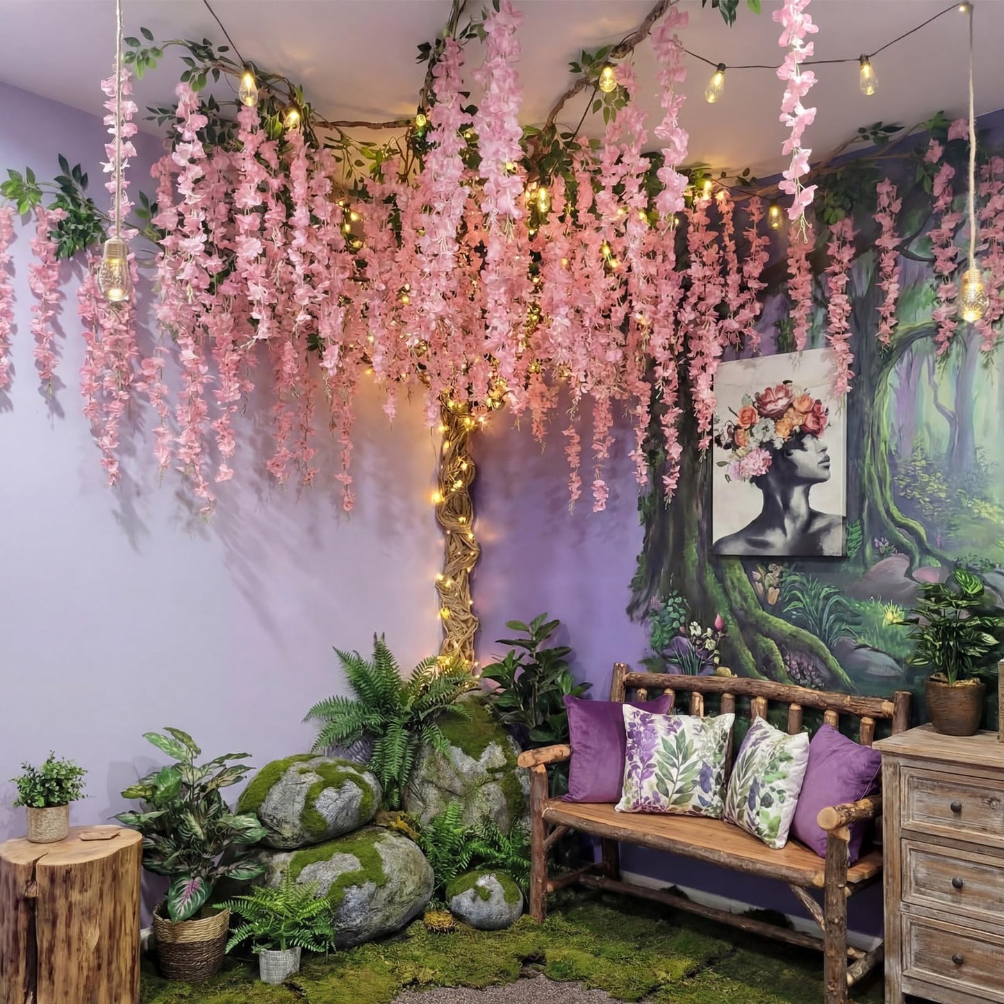 XunYee 3D Wisteria Tree Wall Decor for Room Classroom Ceiling Artificial Wisteria Hanging Flowers DIY Cardboard Paper Tree with Green Vine Kraft Paper Fairy Bulletin Board Decorations(Pink)
