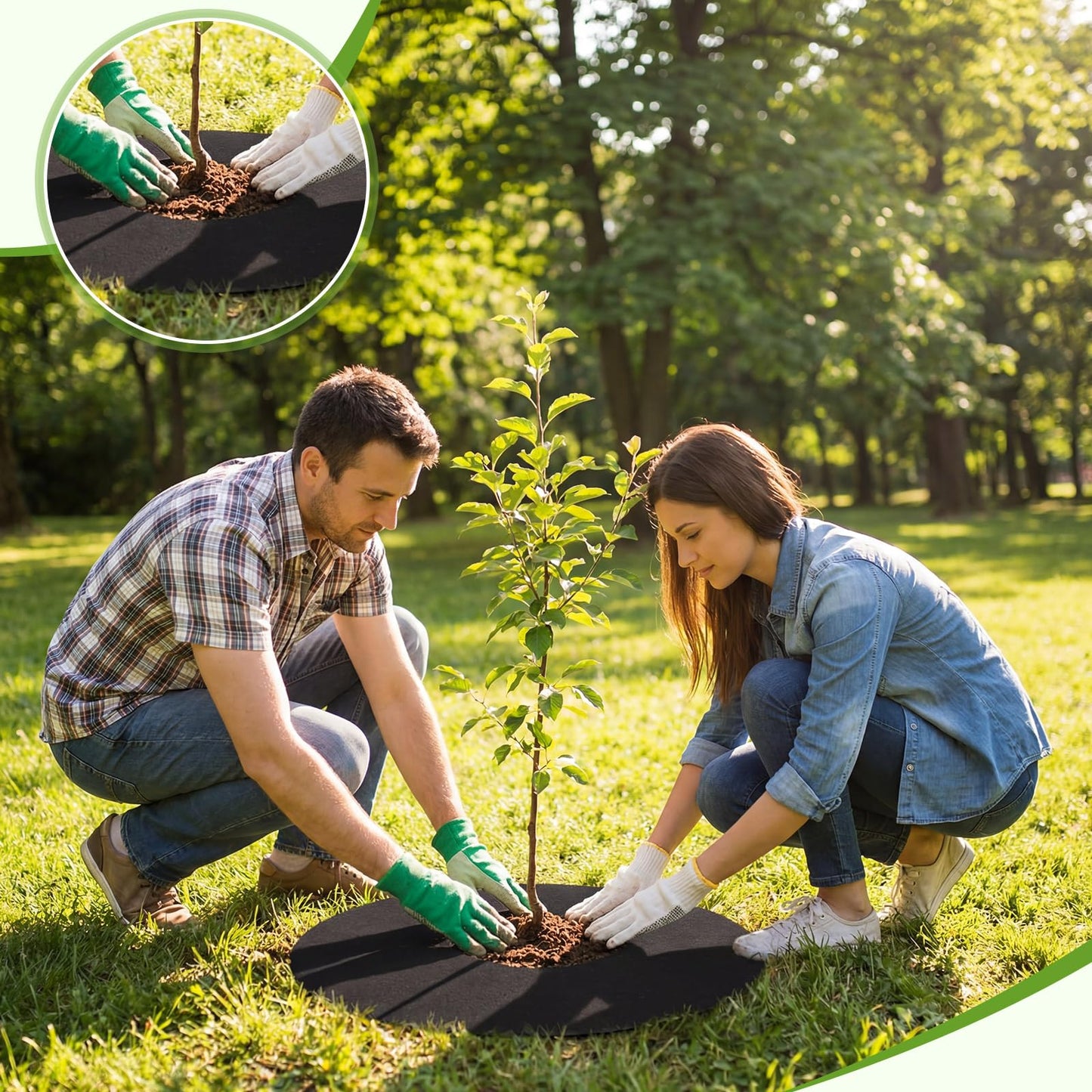 CrystalSylara 100 Pcs Non Woven Tree Mulch Ring Set with 50 Weed Barrier Mats 50 Garden Metal Stakes Thickened Black Tree Protectors Mulch Mat for Garden Plant Cover Root Fabric Protection(Large)