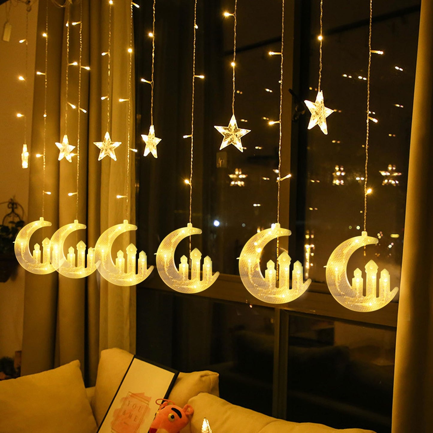 Dazzle Bright Moon Star and Fairy Tale Castle String Lights, 138 LED Muslim Curtain Fairy String Lights, 8 Lighting Modes for Home Holiday Ramadan Christmas Wedding Party Xmas Eid Decorations(USB)