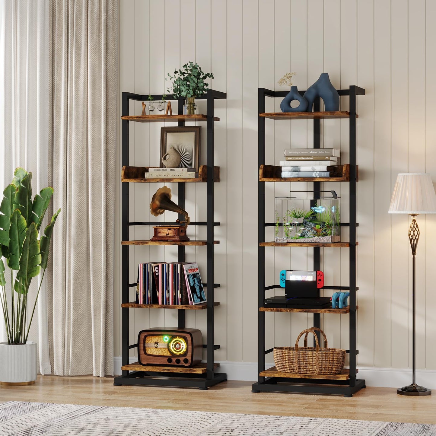 Hosfais Book Shelf Narrow Bookshelf: 5 Tier Wood Bookcase with Metal Edge Protection Industrial Modern Bookshelf Book Storage Organizer for Living Room Bedroom Home Office (Rustic Brown)