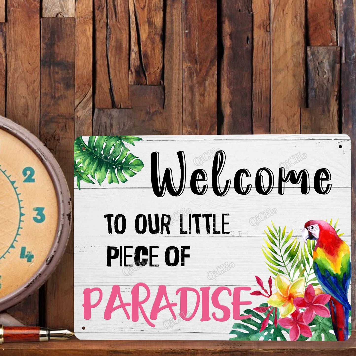 QiCHo Welcome To Our Little Paradise Sign, 8"X12" All Weather Metal Sign, Outdoor Pool Sign, Fun Wall Decoration