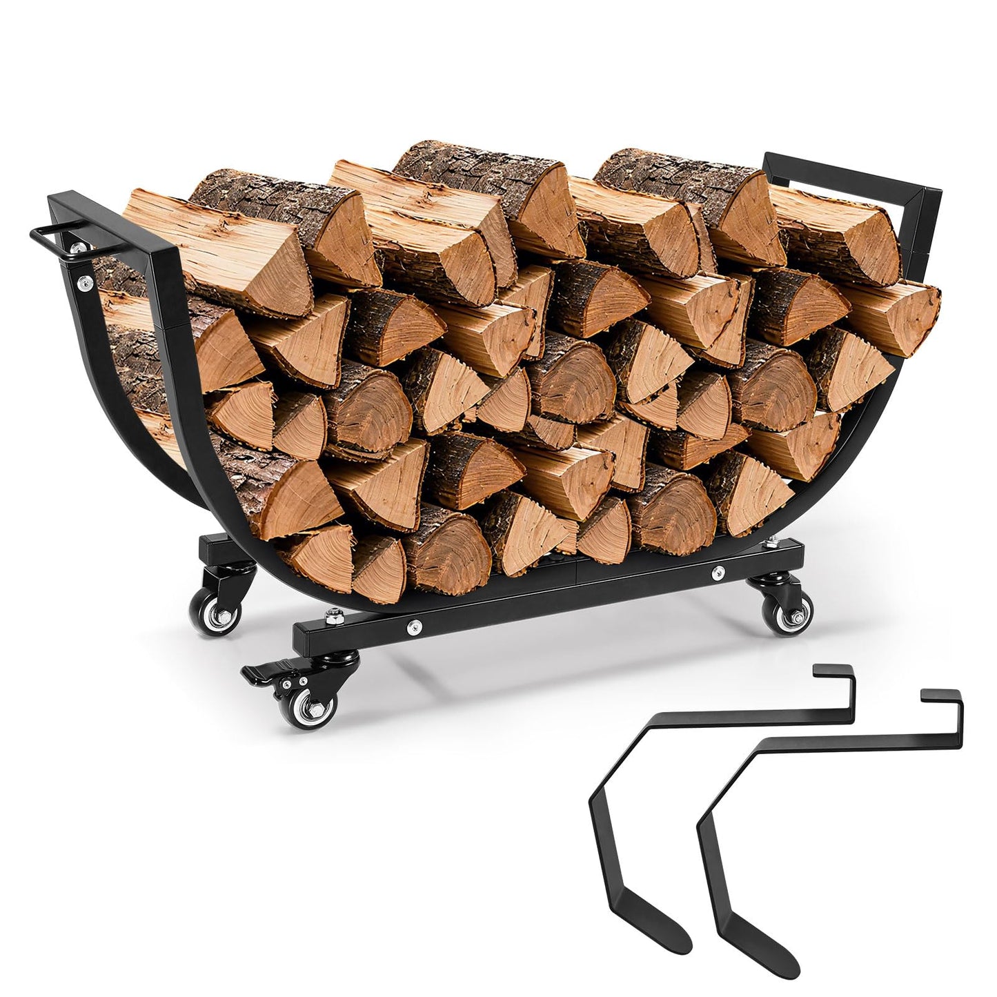 Primachen Firewood Rack Outdoor and Indoor with Wheels & Kindling Wood Hooks, Firewood Storage, Fireplace Wood Storage Rack Movable, Waterproof Stable Log Holder for Fireplace Patio Organizer