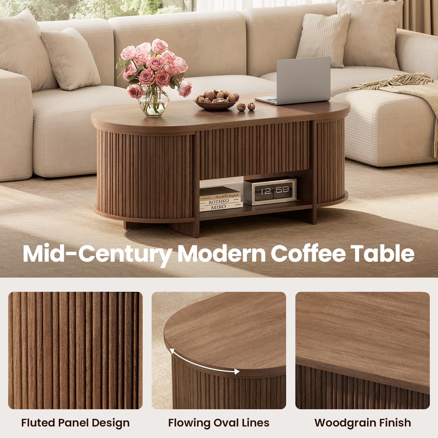 Sikaic Fluted Lift Top Coffee Table with Storage, Mid Century Modern Oval Coffee Tables with Open Shelf and Hidden Storage Compartment, Center Table for Living Room, Office, Small Space, Walnut Brown
