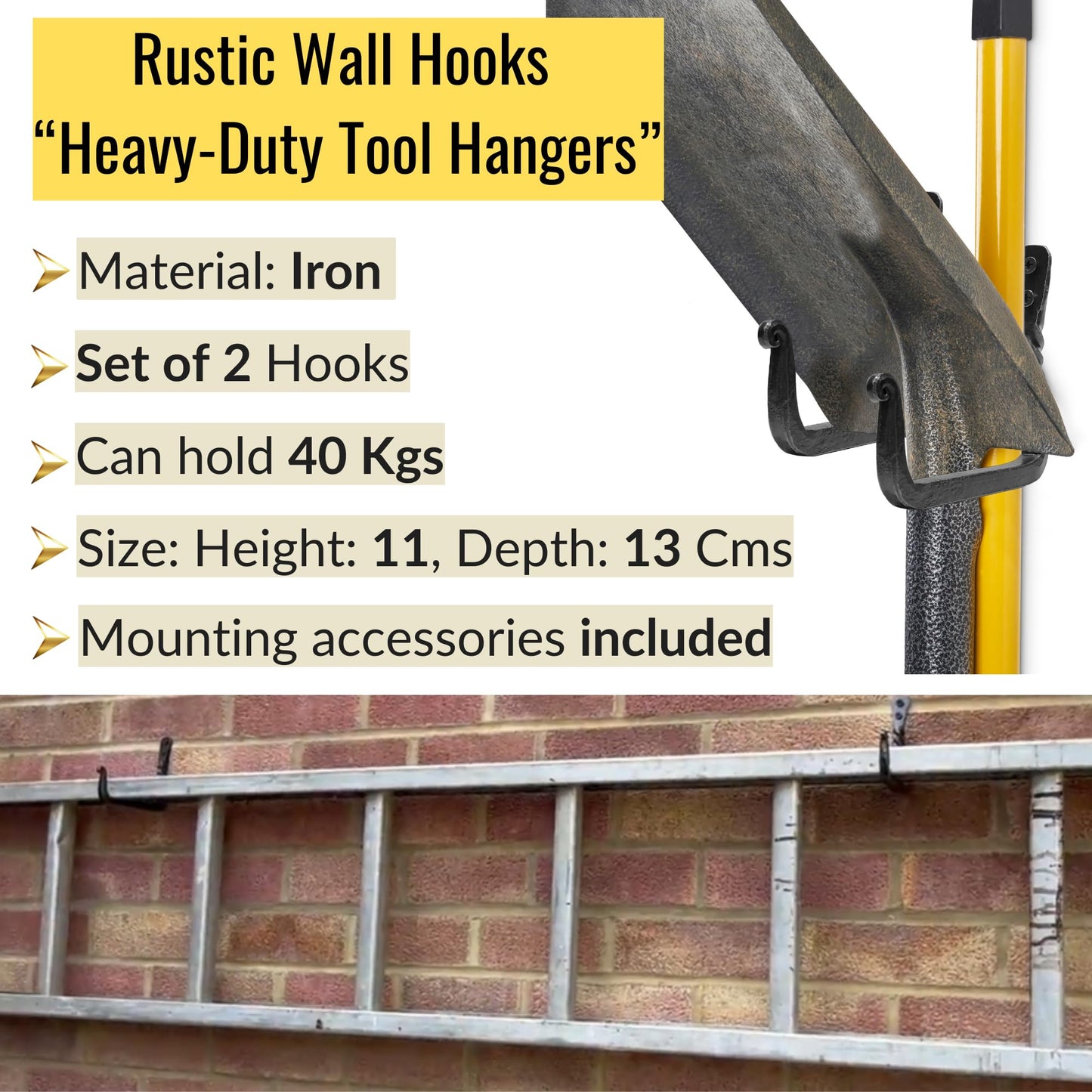 Unique Hand Crafted Pair of 2 Wall Hooks. Real Heavy Duty 50kgs Tested Wall Hooks for Garage, Garden Wheel Barrow, Heavy ladders, Bicycles