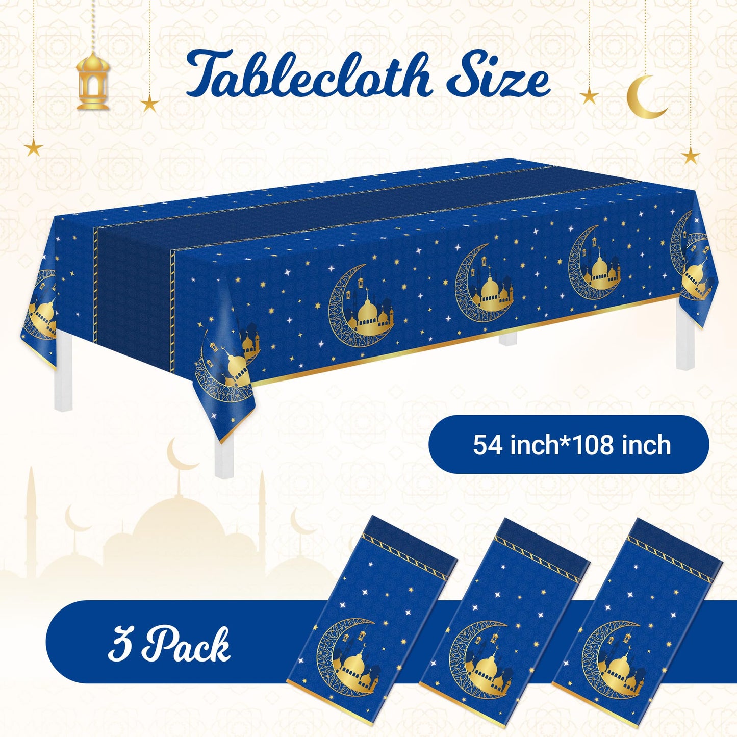 Childom 3 Pack Ramadan Table Cloth,Ramadan Decorations for Home,54" x 108" Eid Mubarak Decorations,Eid Ramadan Tablecloths Rectangular,Blue Plastic Table Cloth Disposable Table Cover for Party Favors