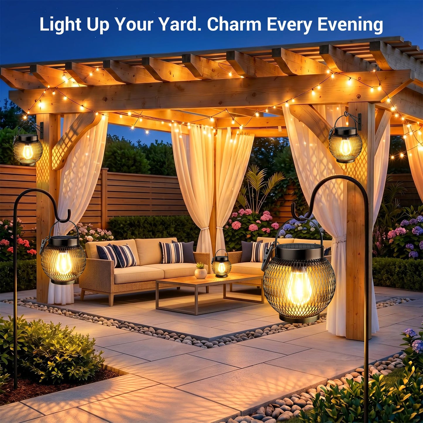 Tuyluxe Solar Lantern Outdoor Waterproof, 4 Pack Upgraded Metal Bright Hanging Solar Lights with Clip, Solar Powered Hanging Lanterns for Outside Patio Porch Garden Decorative
