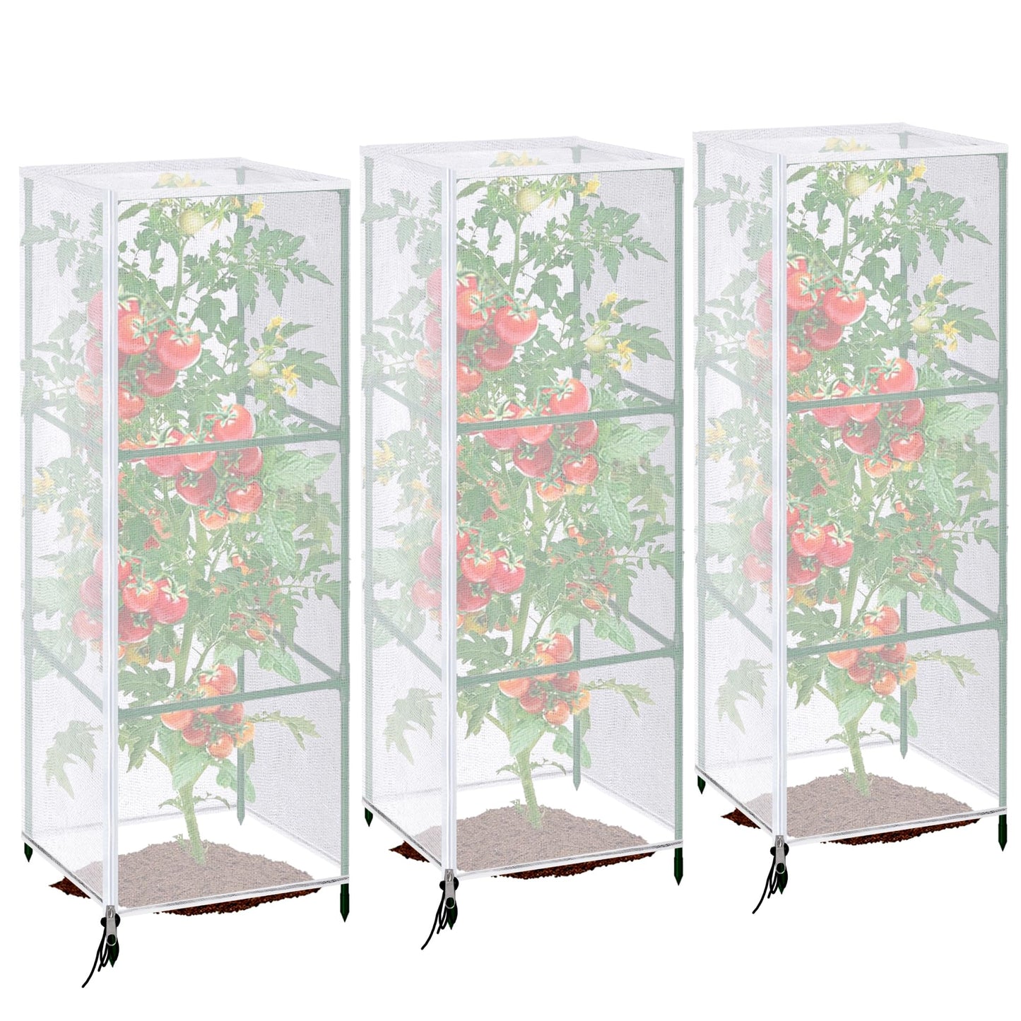 3 Pcs Garden Bird Netting Plant Cover for Square Tomato Cage, 59" x 17.7" Insect Bird Barrier Tomato Cage Net with Zipper & Drawstring, Tomato Trellis Netting Protection Cover for Protecting Plants