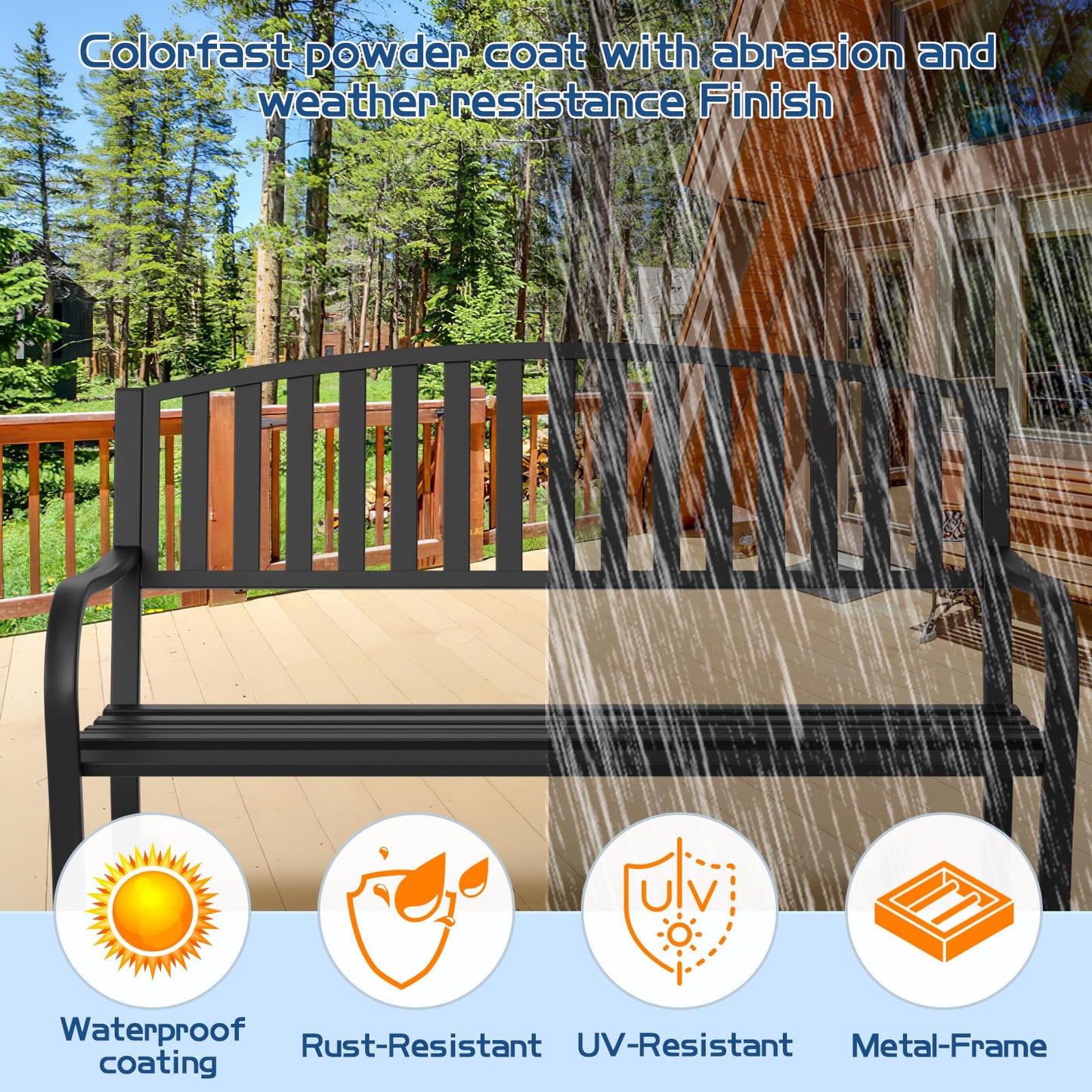 Maemttes Outdoor Bench Garden Bench, Weatherproof Anti-Rust Heavy-Duty Outside Benches Clearance, Wrought Iron Metal Bench for Front Porch, Patio, Park