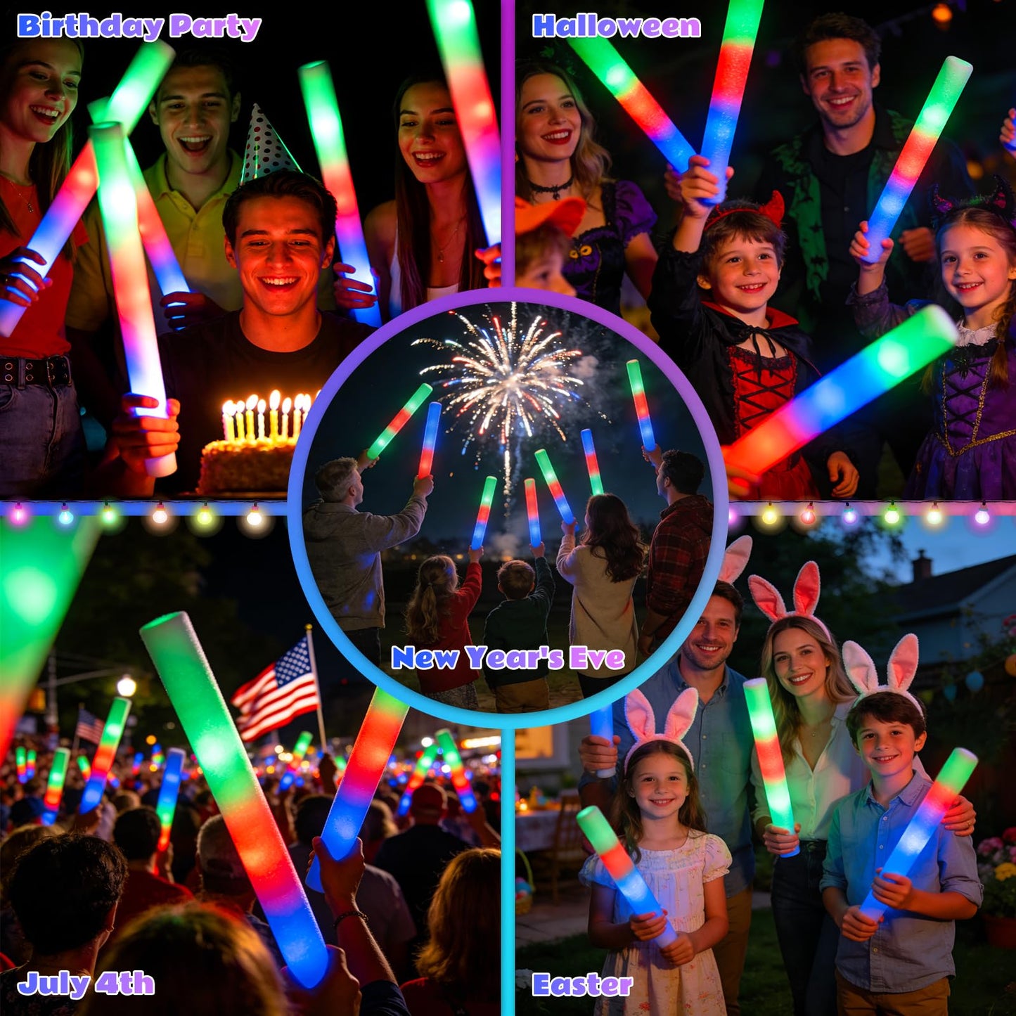 SHQDD 70PCS Foam Light Up Sticks, Glow in the Dark Party Supplies with 3 Colorful Flashing Modes, LED Foam Glow Sticks Bulk for Wedding, Concert, New Year, Halloween, Christmas, Raves, Birthday