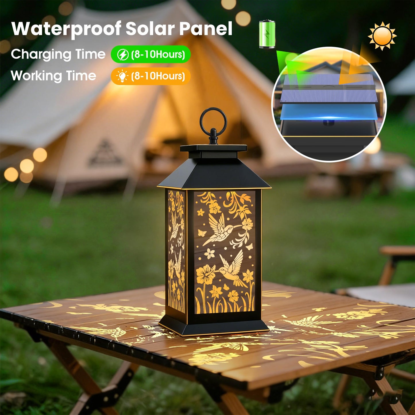 2 Pack Hanging Solar Lanterns, Hummingbird Projection Solar Lights, Outdoor Waterproof Upgraded Solar and 2 AA Batteries Powered, for Outside Porch, Patio and Indoor Tables, Mantelpiece.