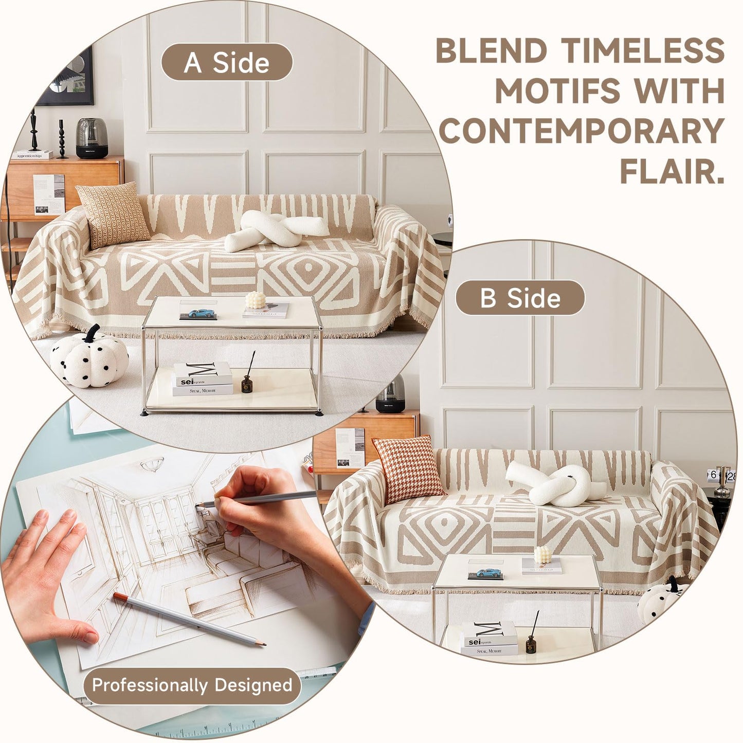 VClife Boho Couch Covers for Sofa Aztec Geometric Patterned Couch Slipcover for Dog, Non Slip Washable Sectional Sofa Cover for 2 Cushion Couch Heavy Duty Furniture Slip Covers, Beige, 71''x118''
