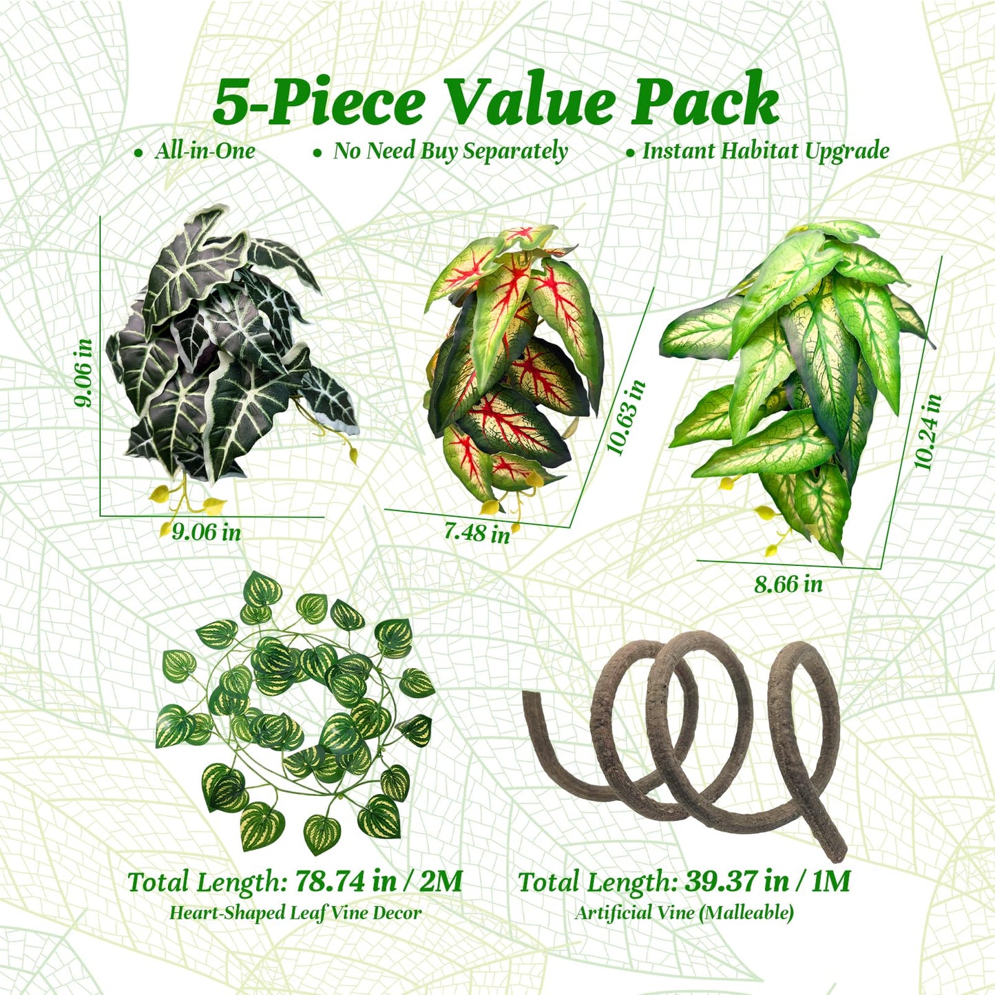5 Pcs Reptile Plants & Habitat Decor Kit - 3 Artificial Plants & Large 3.3ft Jungle Vine Branch, TTerrarium Hanging Plants Vines for Crested Gecko, Leopard,Bearded Dragon, Lizard,Chameleon,Ball Python