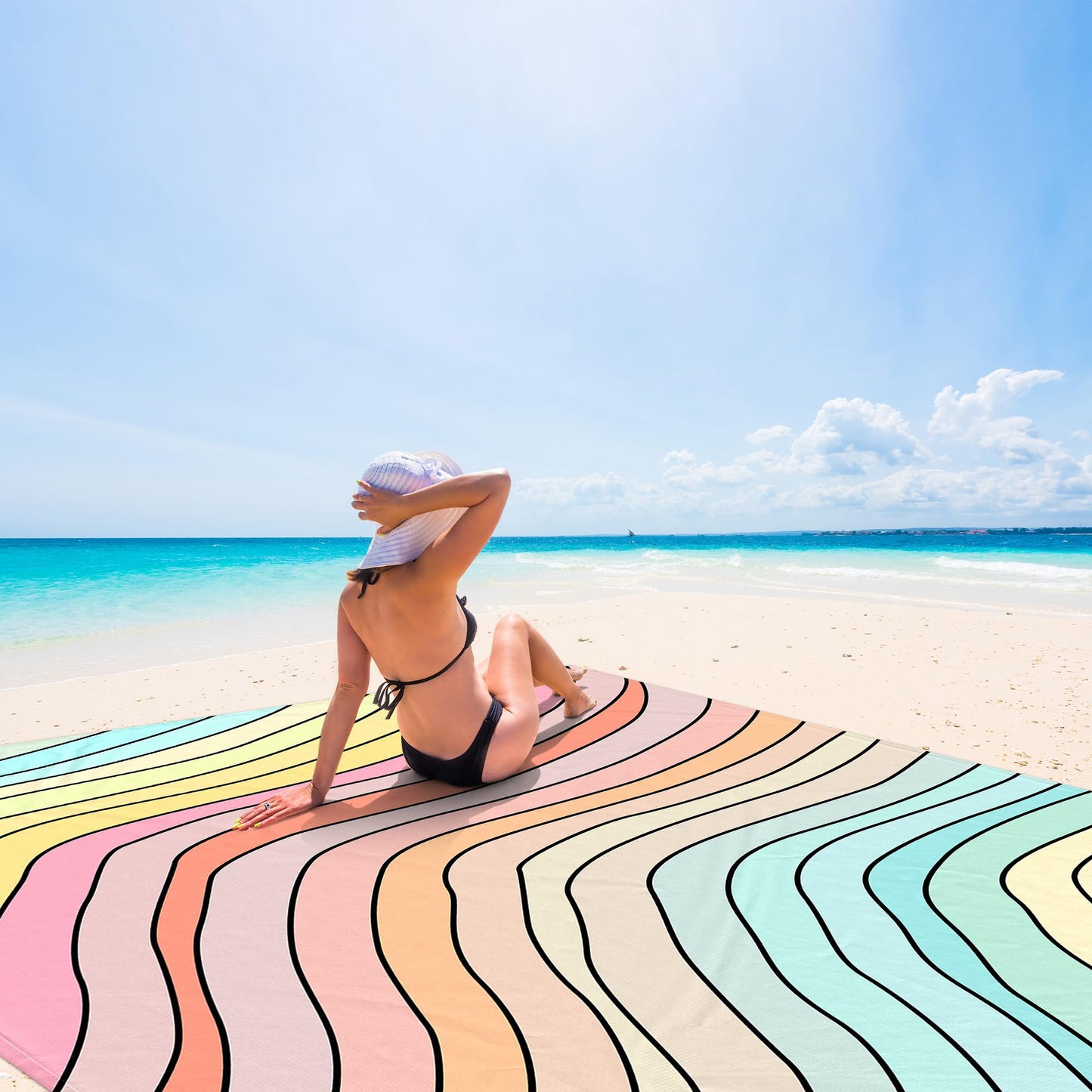Beach Blanket Sandproof Waterproof, Large Beach Mat for 2-4 Adults with Stakes, Sand Free Compact Lightweight Picnic Blankets, Beach Essentials Necessities Accessories Must Haves-Colorful Rainbow Wave