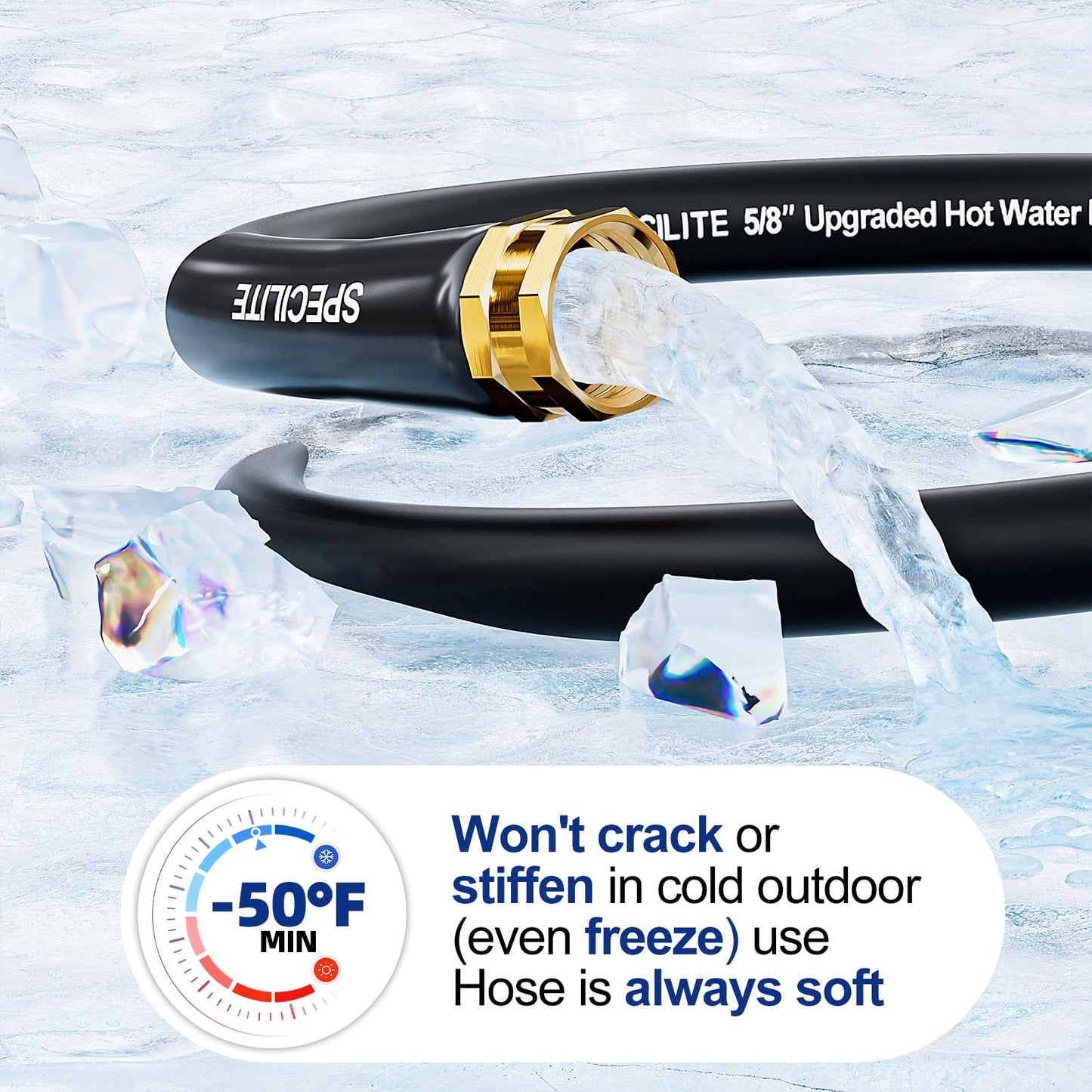SPECILITE Hot/Cold Retractable Garden Hose Reel 50ft x 5/8'', -50℉ - 190 ℉, Wall Mount Water Pipe Spool, Heavy Duty, with 6ft Leader Hose, 8 Function Nozzle, for Backyard, Outdoor, Farm, Boat, Black