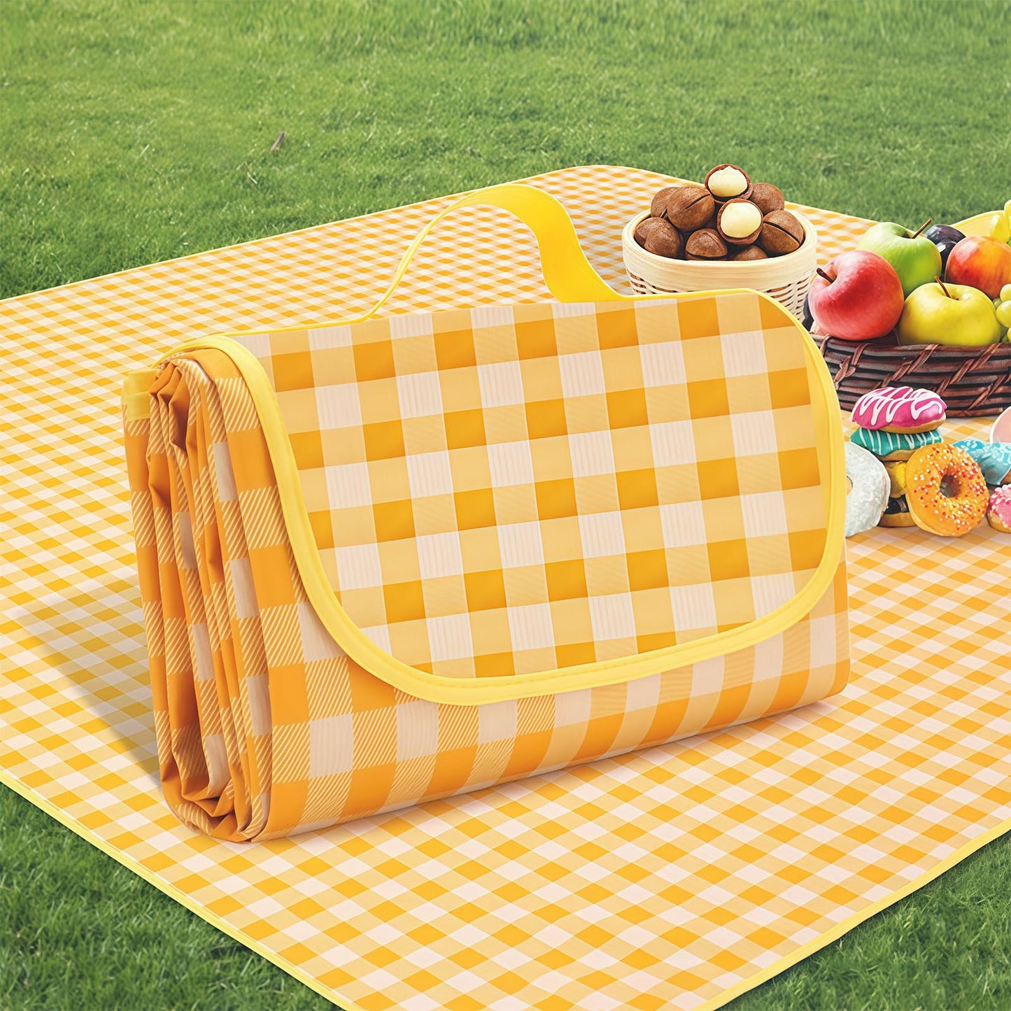 SHENIAFC 80" x 120" Sandproof Waterproof Picnic Blanket, Beach Mat for Outdoor Camping Hiking Park, Portable with Tote Bag, Non-Stick Sand & Grass, Foldable for Indoor Outdoor Use (Yellow)
