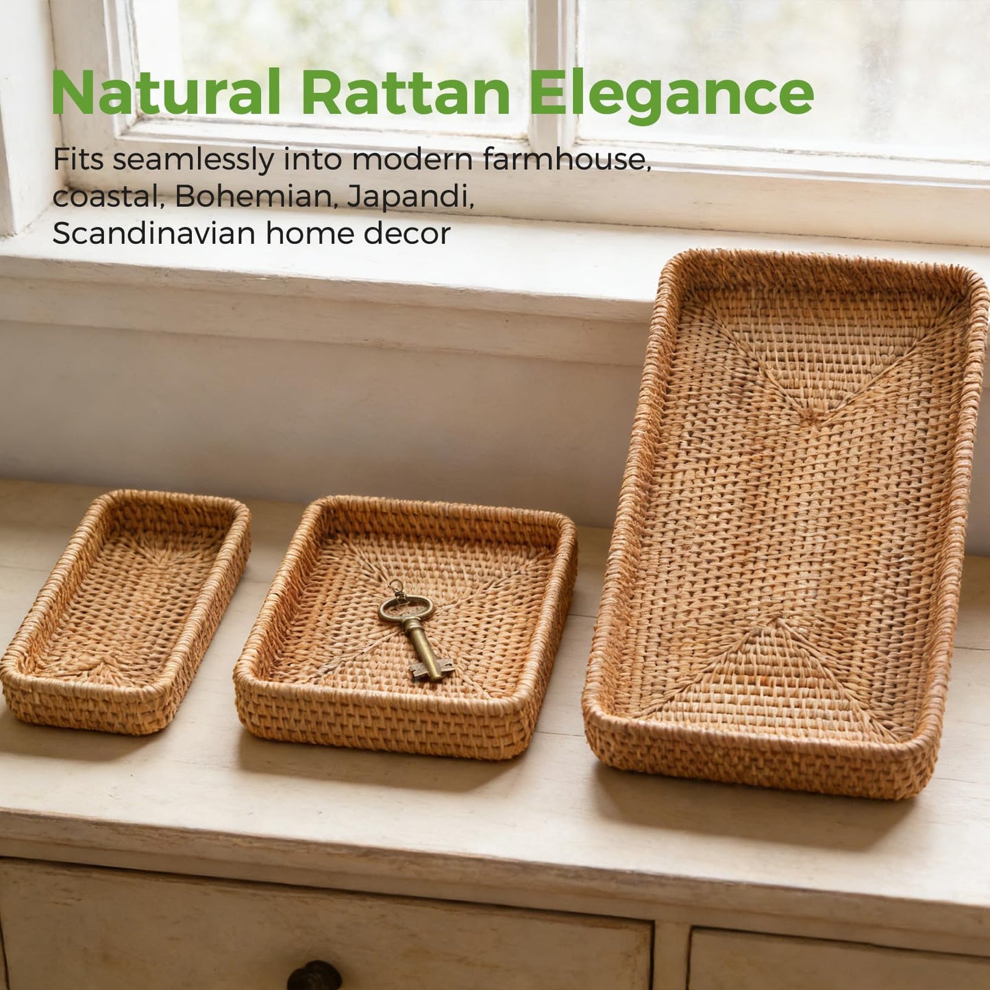 Rattan Serving Tray, Rectangle Basket Set of 3, Wicker Storage and Organizing Baskets, Natural Decorative Woven Tray for Home Decor, Bathroom, Kitchen Counter