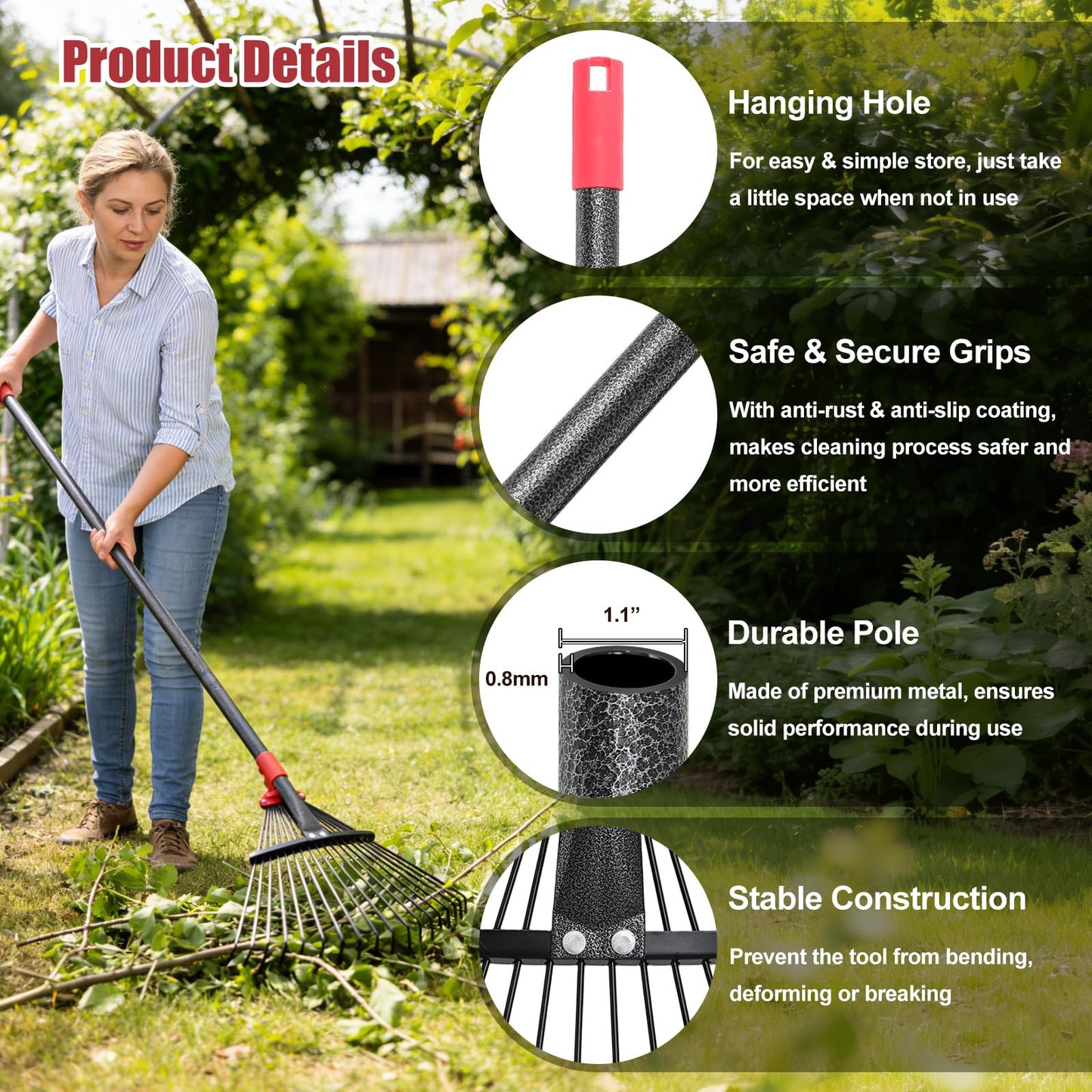 Garden Rake for Leaves: 55 Inch Adjustable Long Handle 18 Metal Tines with 8-17" Expandable Head Heavy Duty Metal Rake for Lawns Leaves Yard Grass Camping Debris