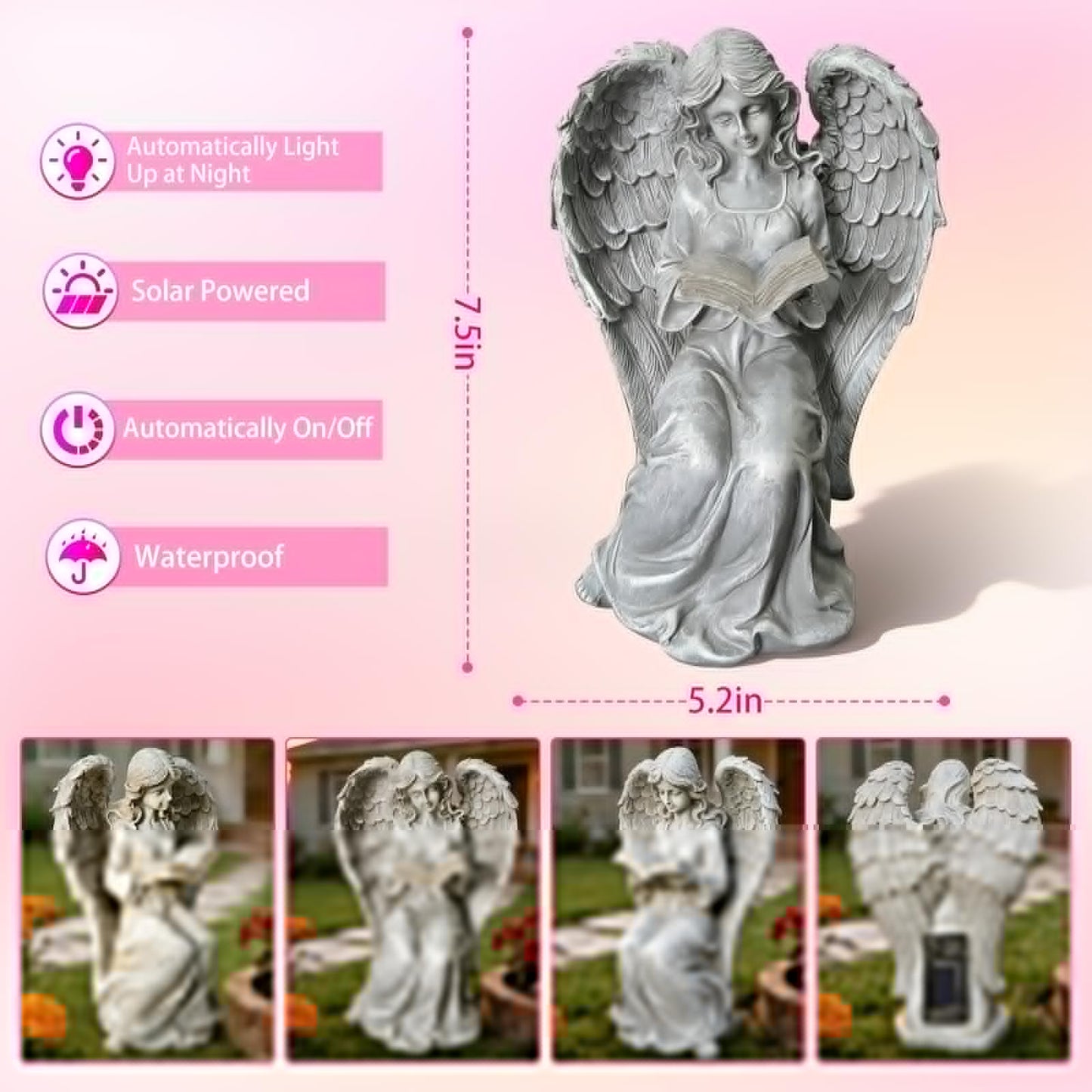 Vcdsoy Solar Garden Outdoor Angel Book Statues,Book Lovers for Balcony Patio Lawn Table Yard Ornaments, Solar Resin Fairy Waterproof LED Lights,Birthday Gifts for Women Mom Grandma