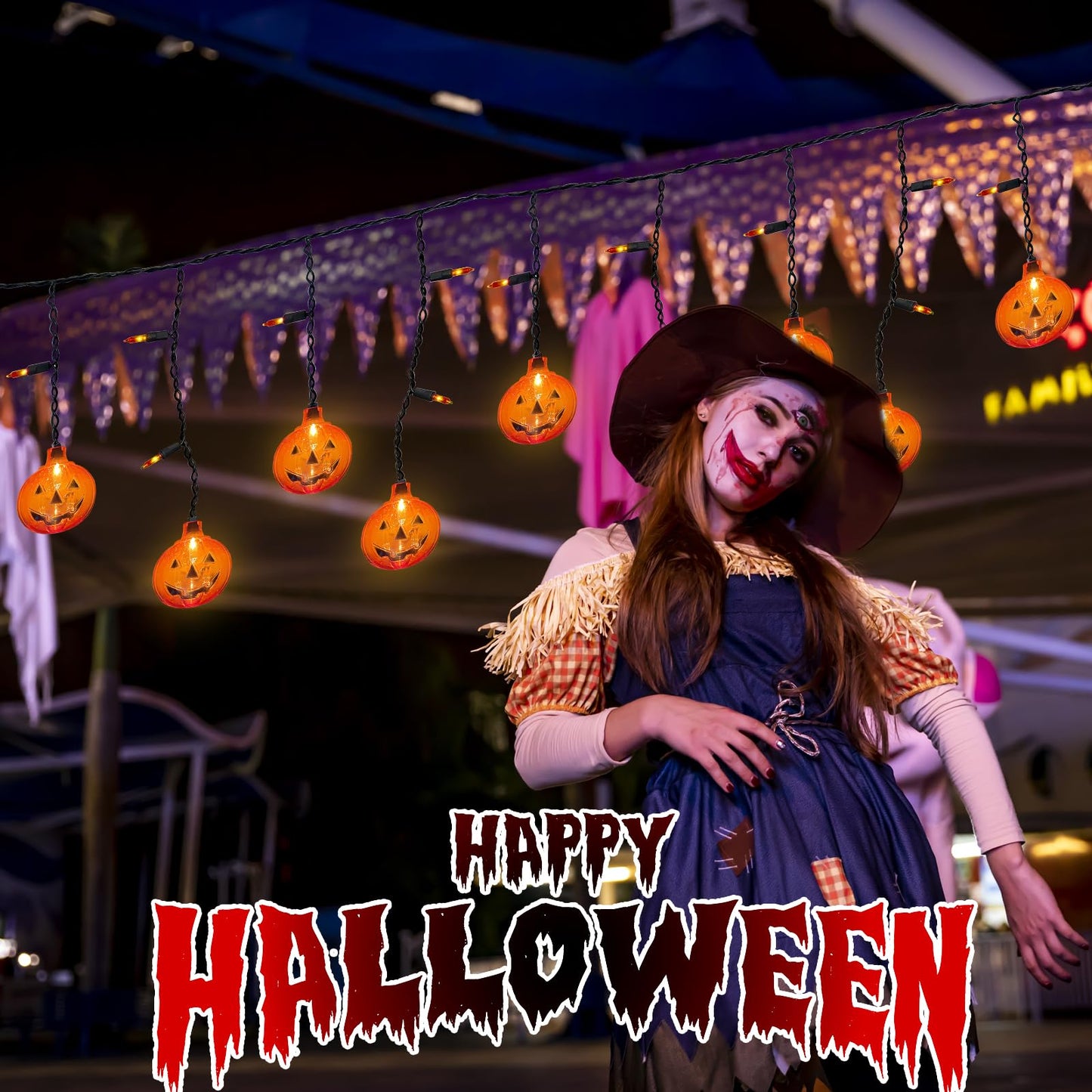 Halloween Pumpkin Icicle Lights, 7Ft Outdoor Halloween Decorations String Light with 10 Pumpkin Light 15 Mini Orange Bulbs, Plug in Pumpkin Curtain Lights for Indoor Outdoor Patio Party Holiday