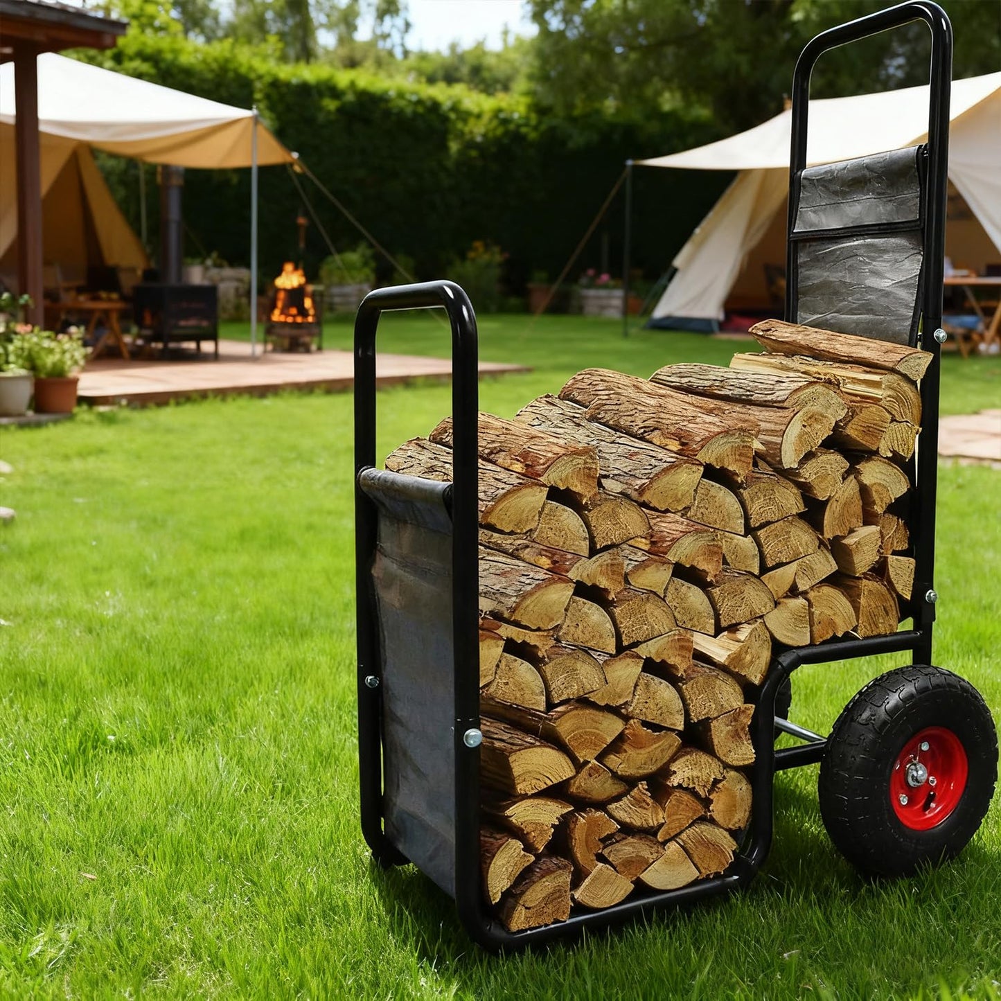 Doublehorse Firewood Cart with Pneumatic Wheel: 27 x 20 x 44 in Large Heavy Duty Metal Waterproof Portable Storage Rack - for Outdoor Camping Backyard Fireplace Indoor Use for Women Men