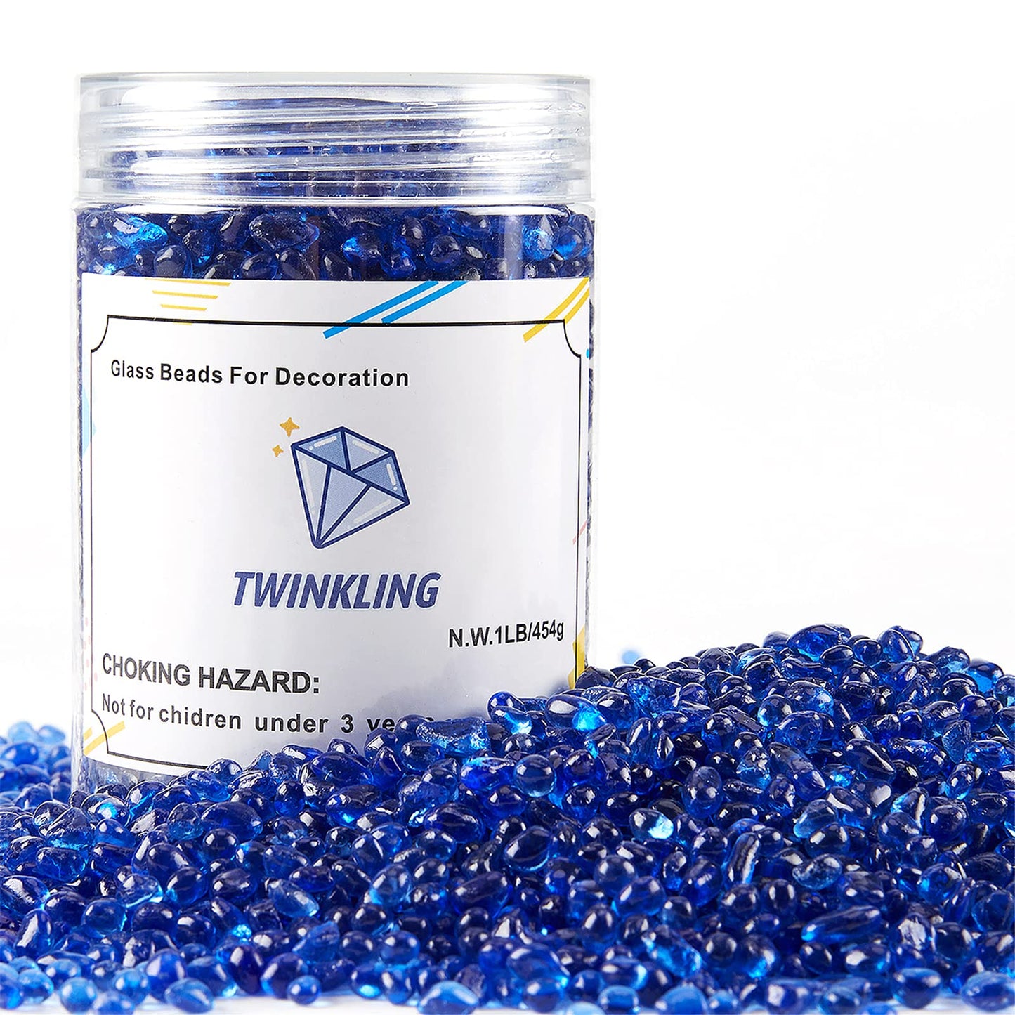 TWINKLING High Luster Round Fire Glass Stones,Glass Marbles Pebbles,Glass Beads Gems for Fire Pit Vase Fillers Crafts Aquarium Garden Decoration,3-6mm,1-Pound Jar (Cobalt Blue)